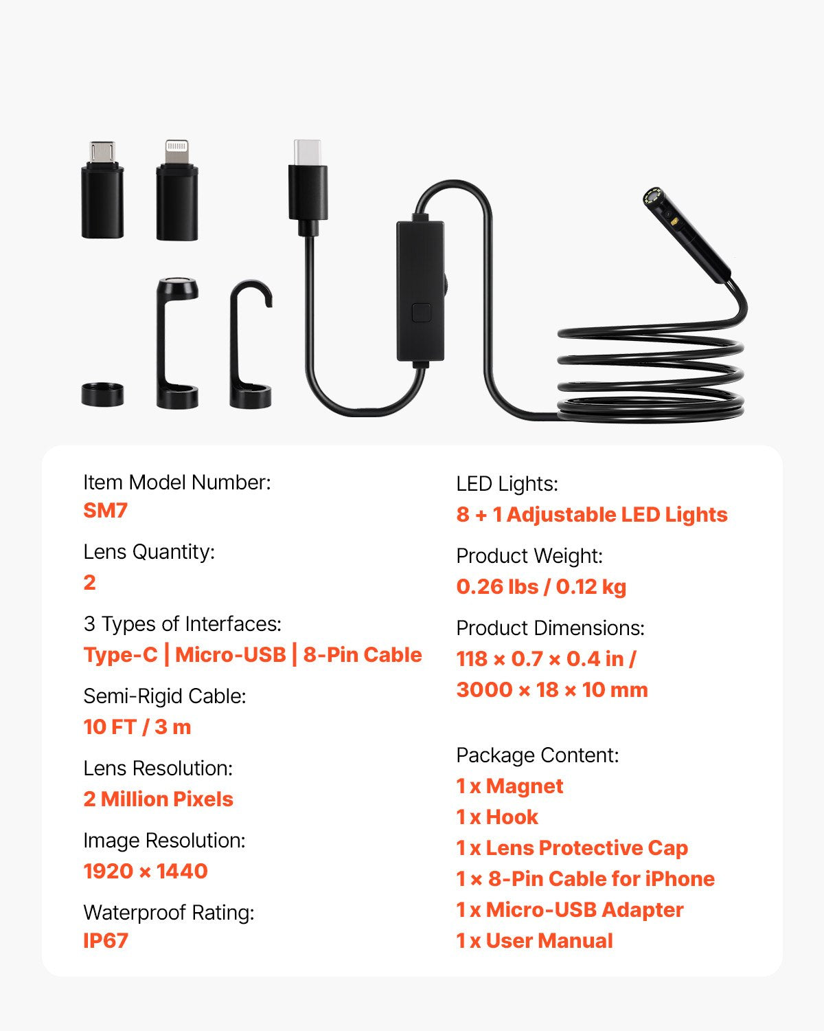 Endoscope Camera Dual Lens 1920P HD 8+1 LED 2X Zoom 3m IP67 Android iOS
