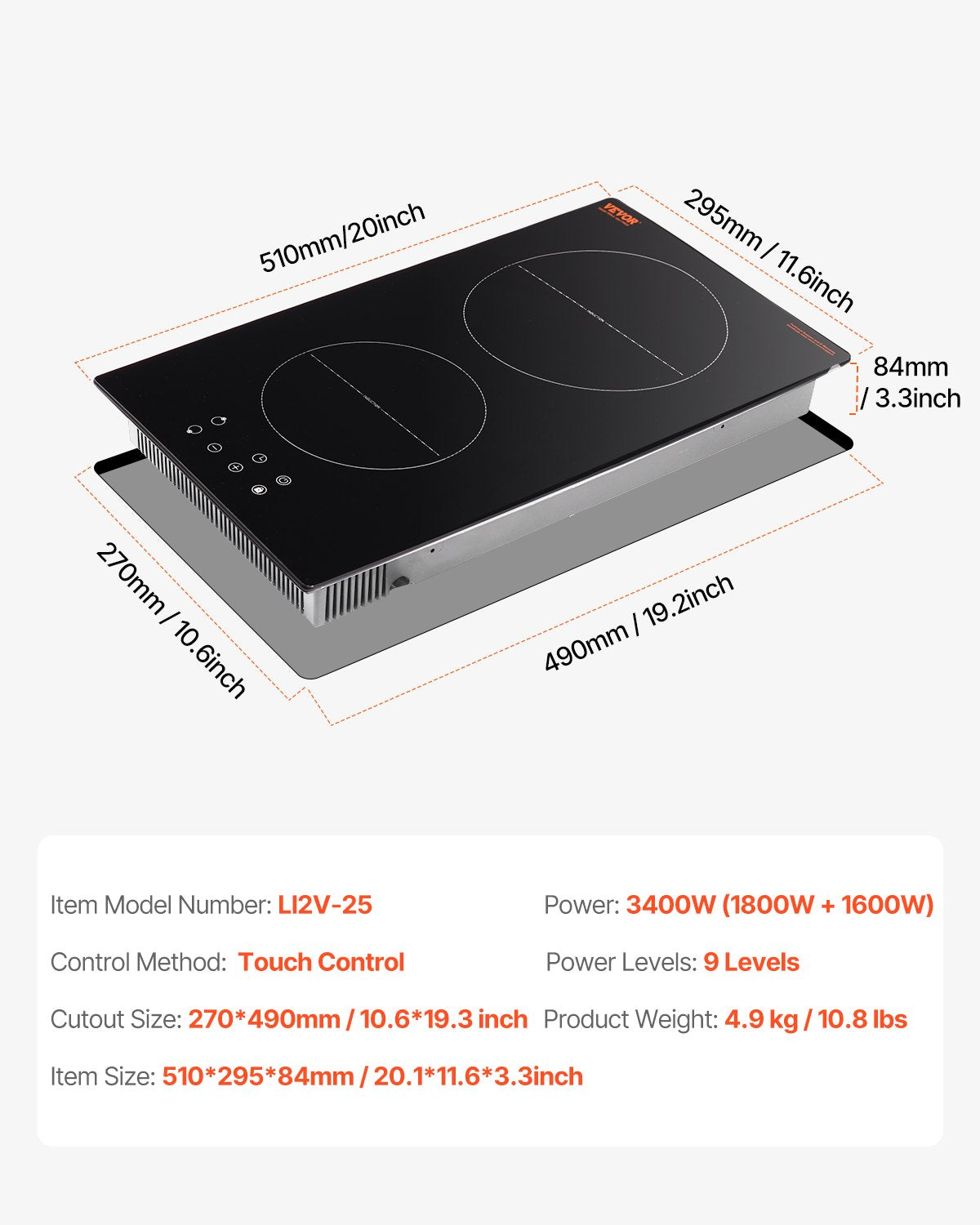 Induction Cooktop, 3400W Electric Countertop 2-Burner Touch Control Stove
