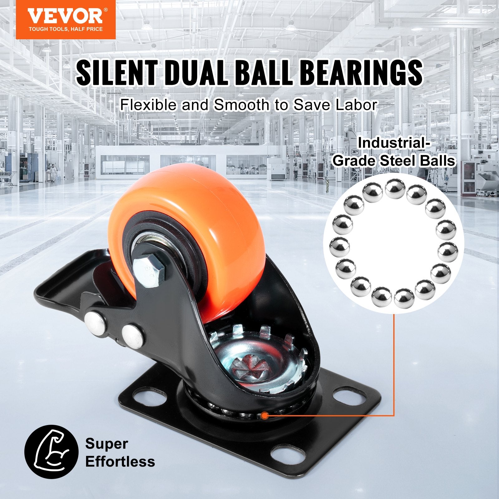 4PCS 50.8mm Swivel Caster Wheels, Dual Lock PVC, 68kg Load, Non-Marking