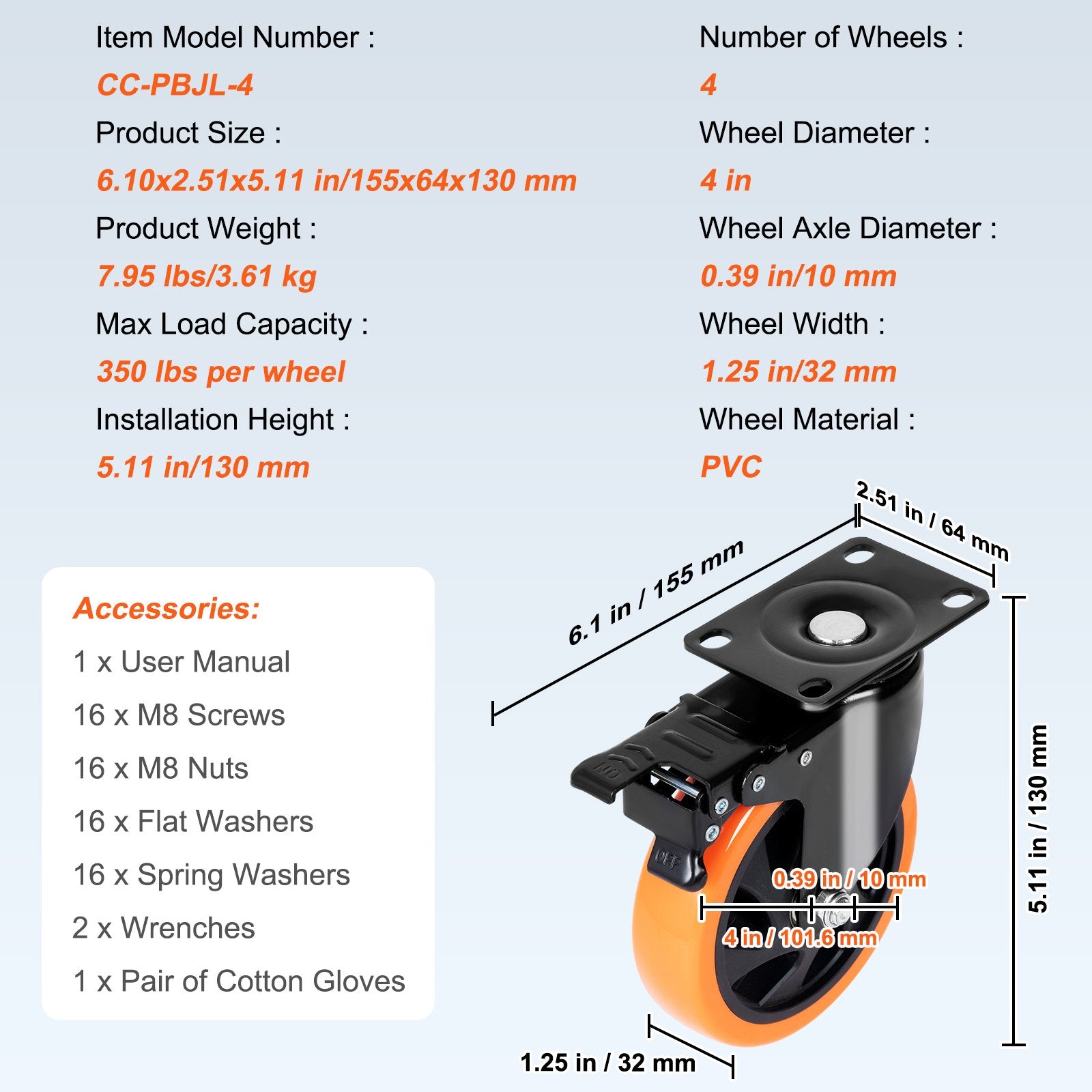 Caster Wheels 101.6mm Swivel Plate Set of 4 PVC Heavy Duty Non-Marking