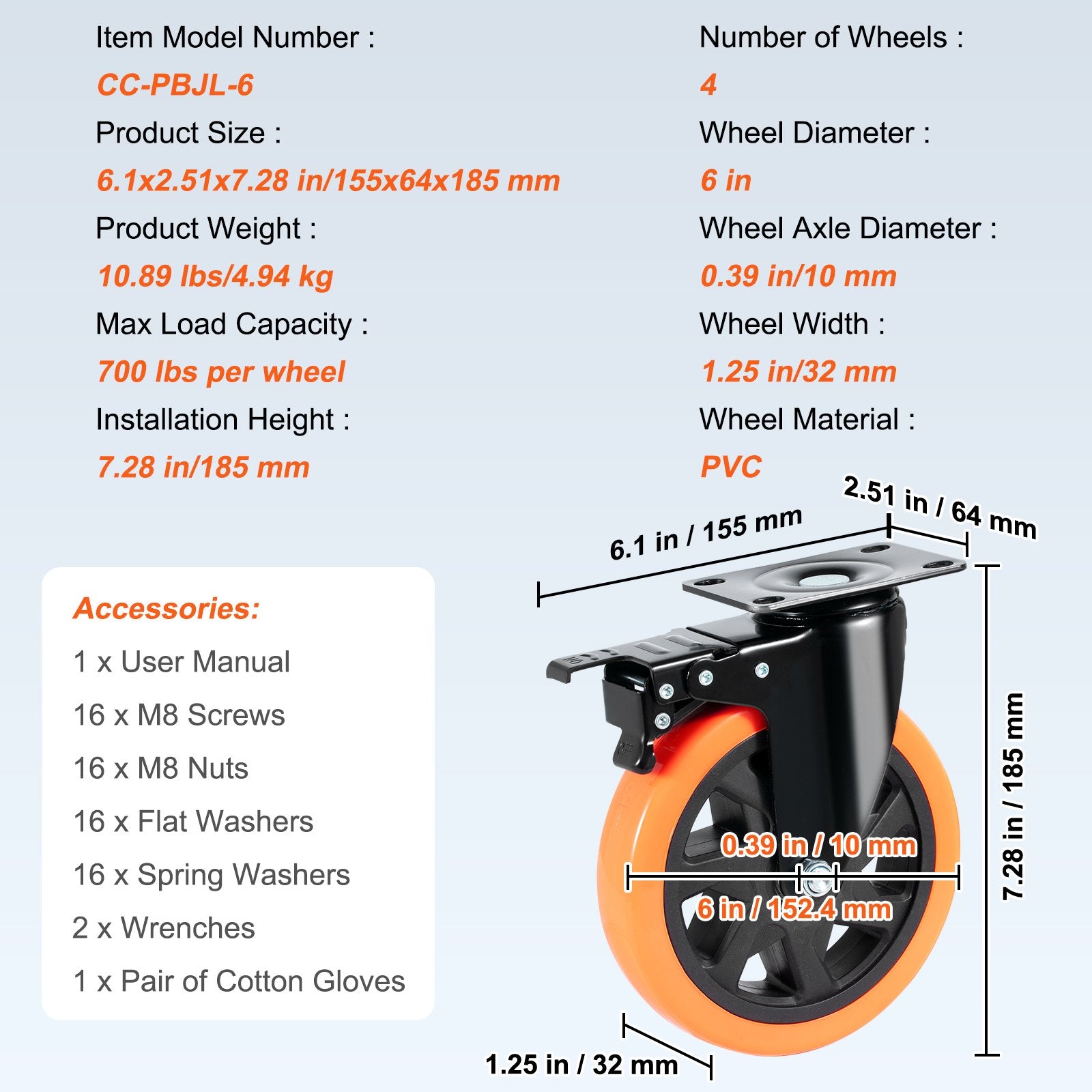 Caster Wheels 152.4mm Swivel Plate Set of 4 PVC Heavy Duty Non-Marking
