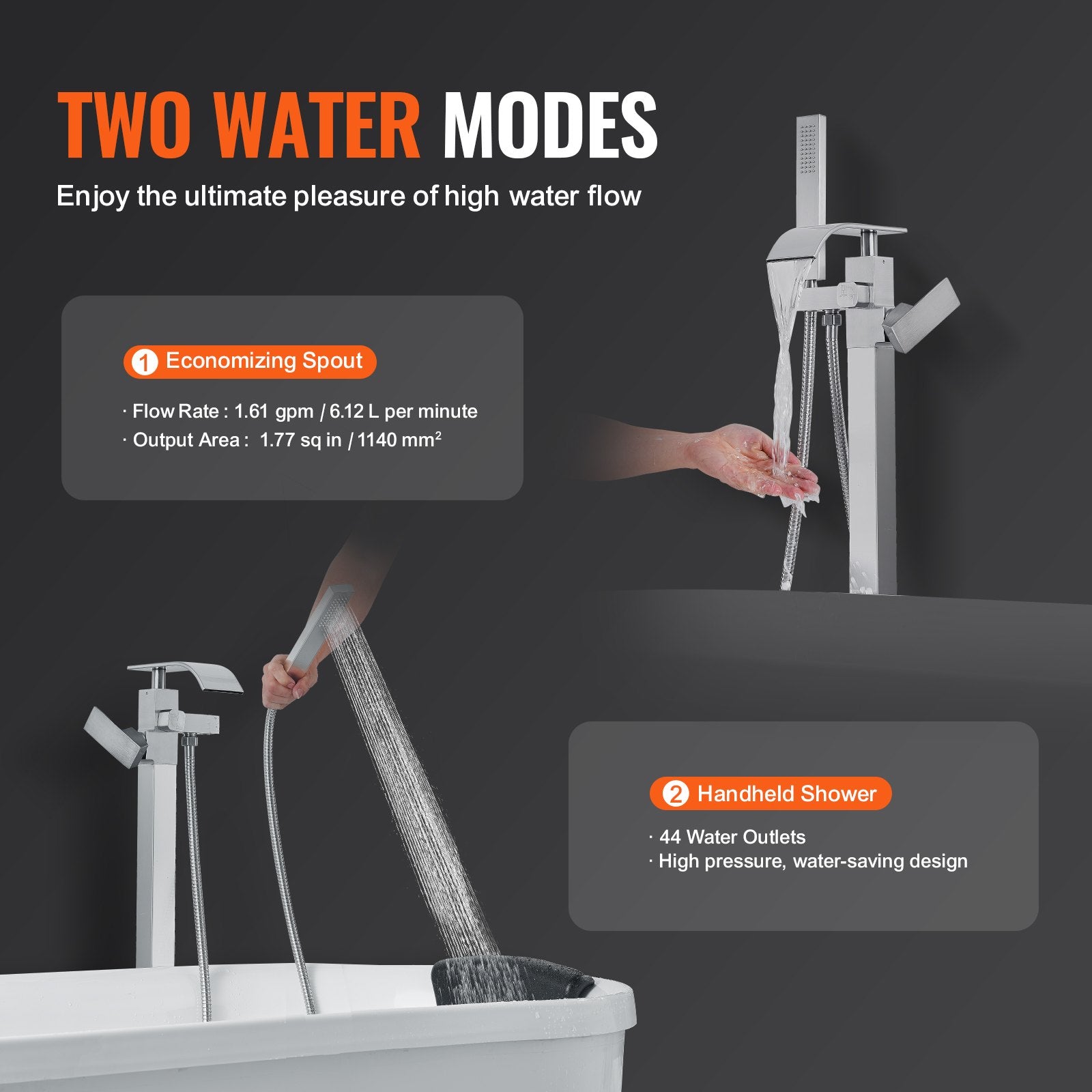 Freestanding Bathtub Faucet Floor Mount 360° Swivel Dual Mode