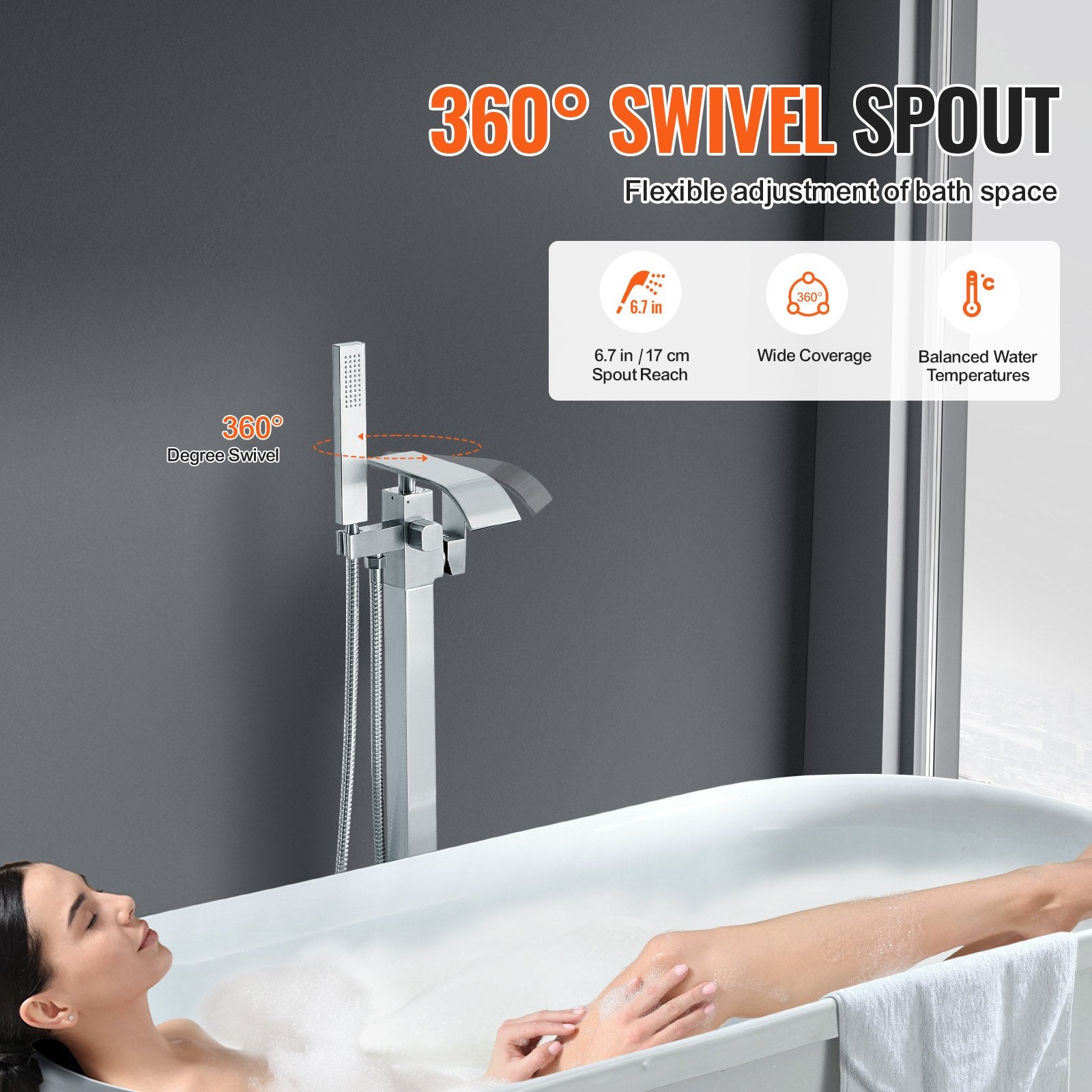 Freestanding Bathtub Faucet Floor Mount 360° Swivel Dual Mode