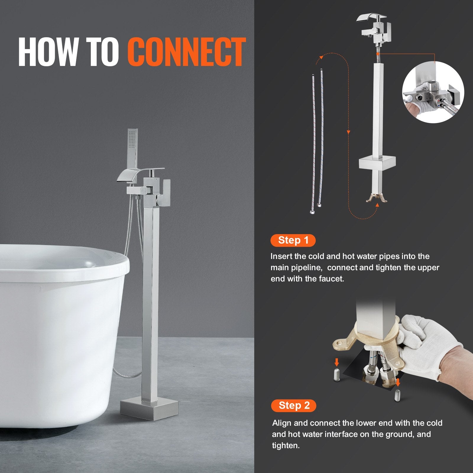 Freestanding Bathtub Faucet Floor Mount 360° Swivel Dual Mode