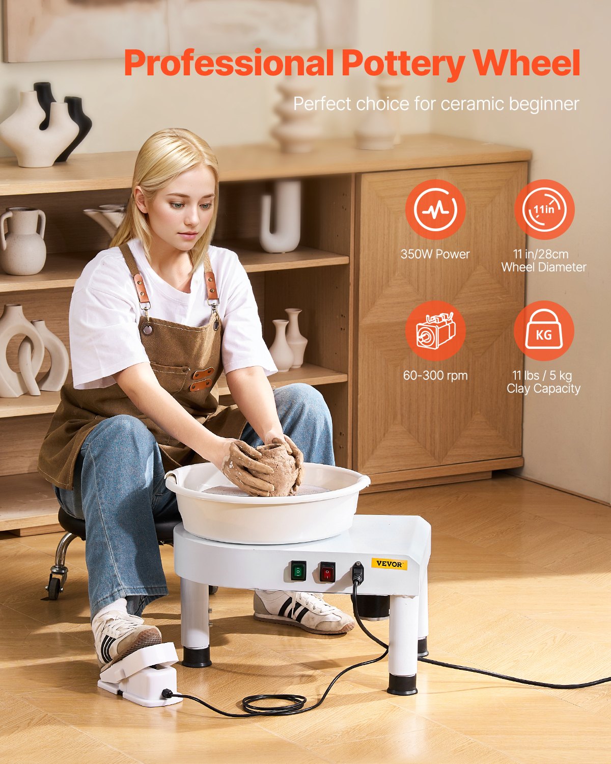 Pottery Wheel 28cm Ceramic 60-300RPM Adjustable Foot Pedal Tools Kit White