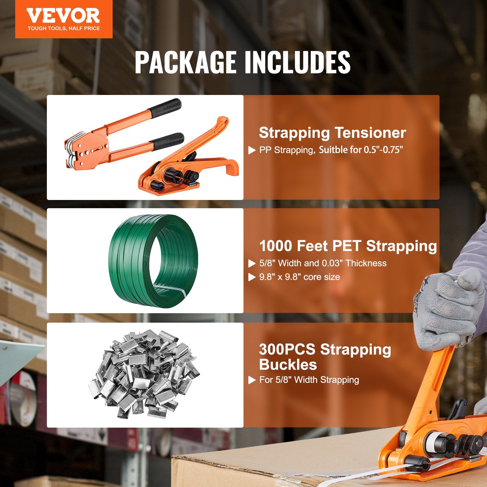 Banding Strapping Kit with Tensioner and Sealer 300m PET Band 300 Metal Seals