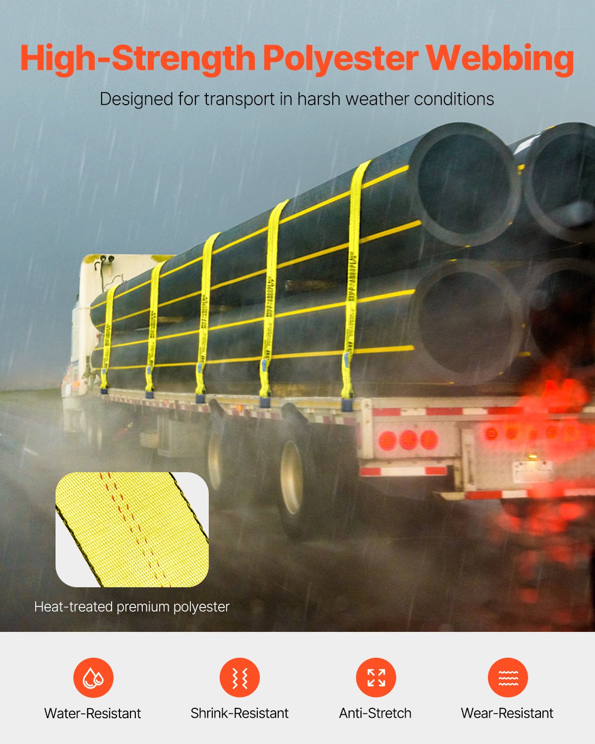 Winch Straps 10.2cm x 9.1m 2.7T Load 8.2T Break Strength with Flat Hooks Yellow 10-Pack