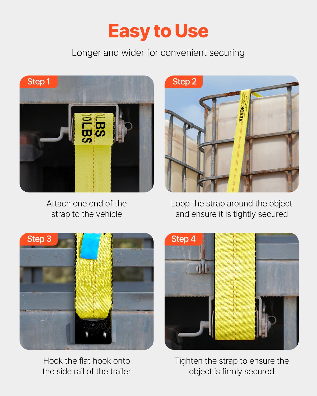 Winch Straps 10.2cm x 9.1m 2.7T Load 8.2T Break Strength with Flat Hooks Yellow 10-Pack