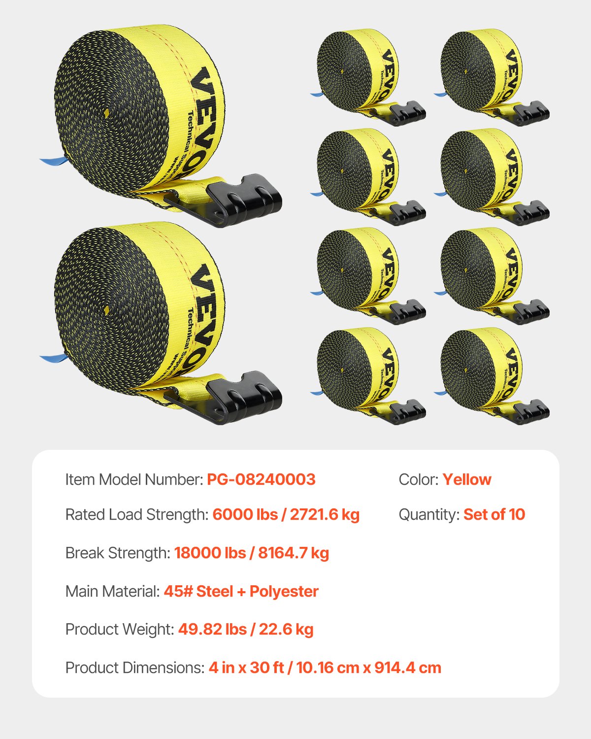 Winch Straps 10.2cm x 9.1m 2.7T Load 8.2T Break Strength with Flat Hooks Yellow 10-Pack