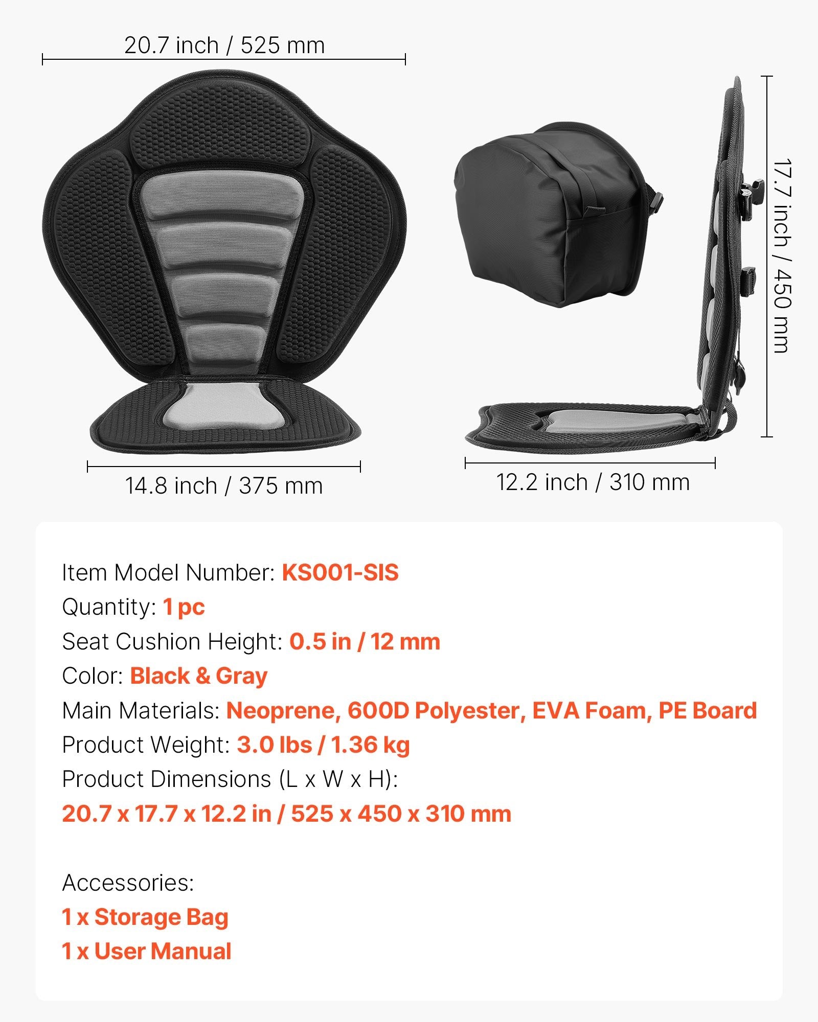 12mm Thick Kayak Seat Universal SUP Paddle Board Seat Back Support Storage Bag