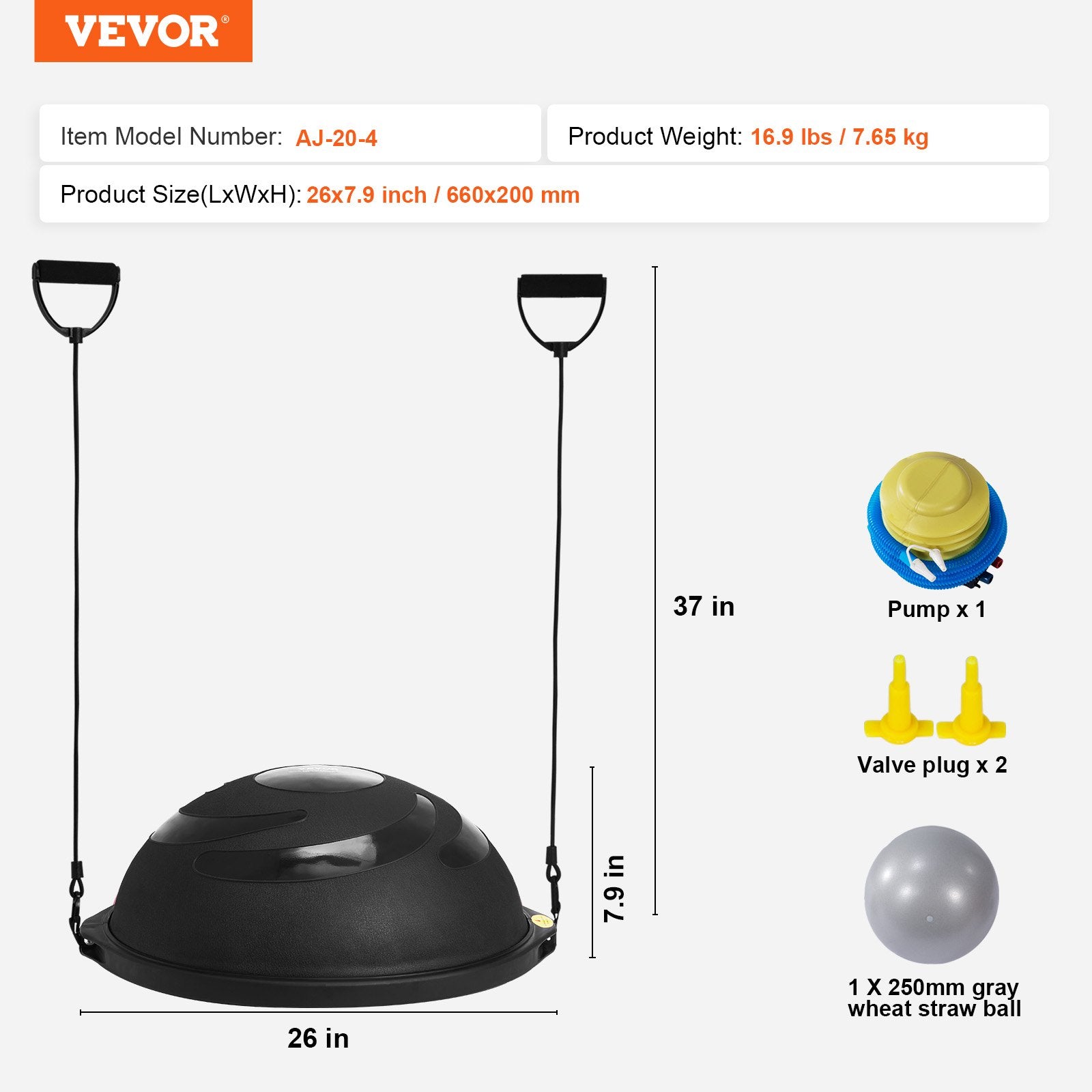 Half Balance 26in Exercise Ball Trainer Stability Ball with Bands and Pump