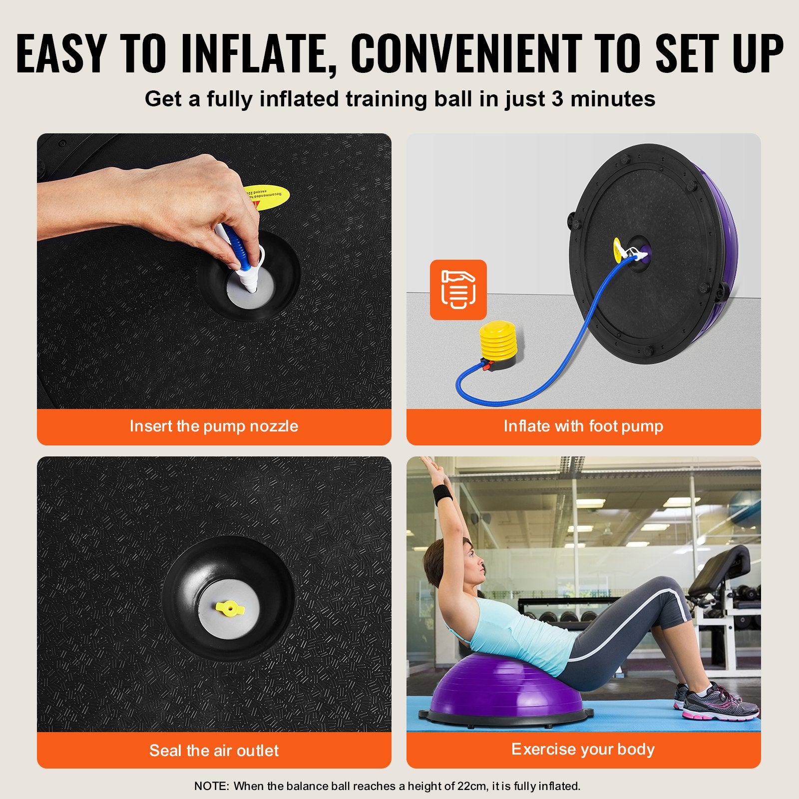 Half Exercise Ball Trainer 23in Balance 660lbs Resistance Bands Pump Yoga Purple