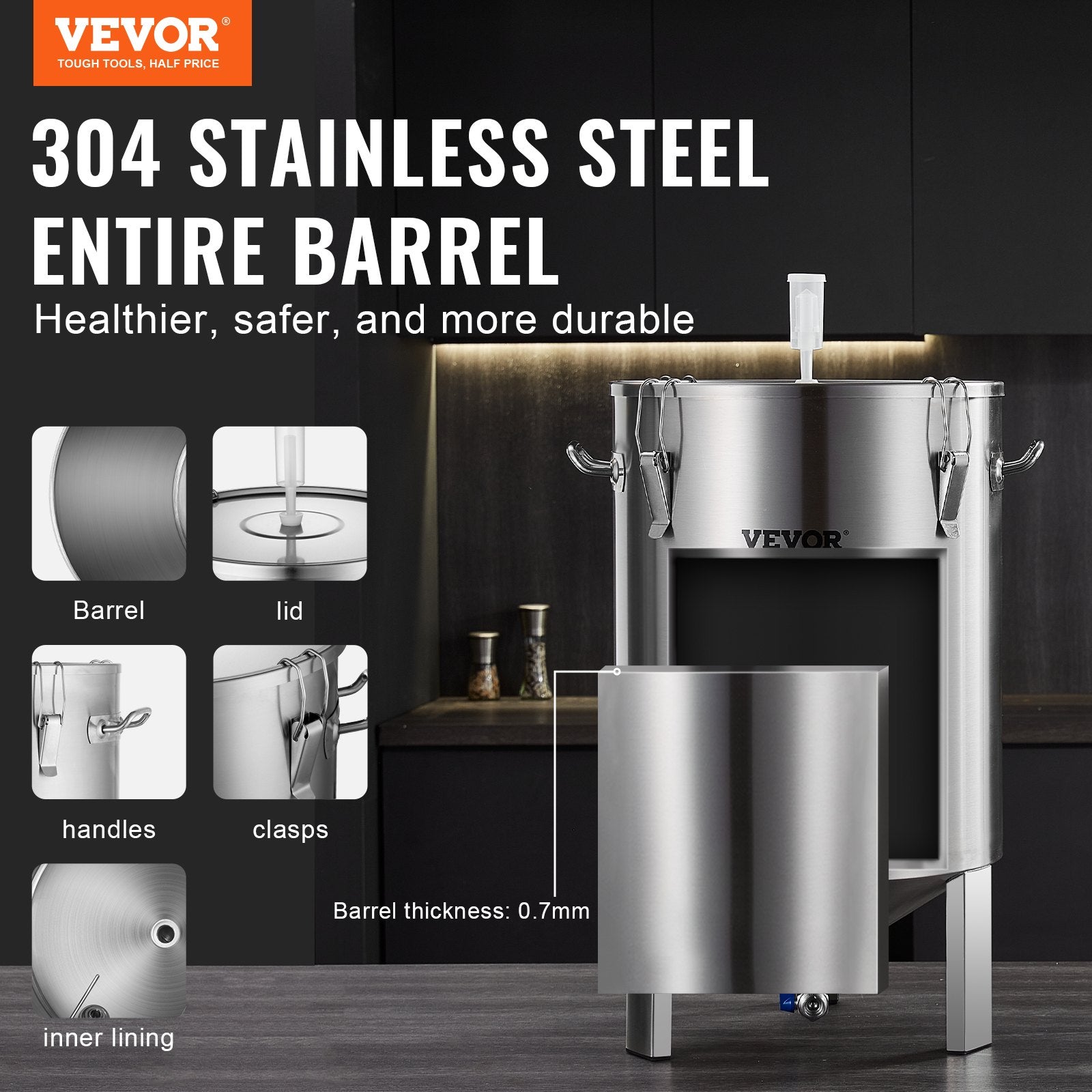 16 Gallon 304 Stainless Steel Beer Brew Fermentor Kettle with Lid Valve Spigot