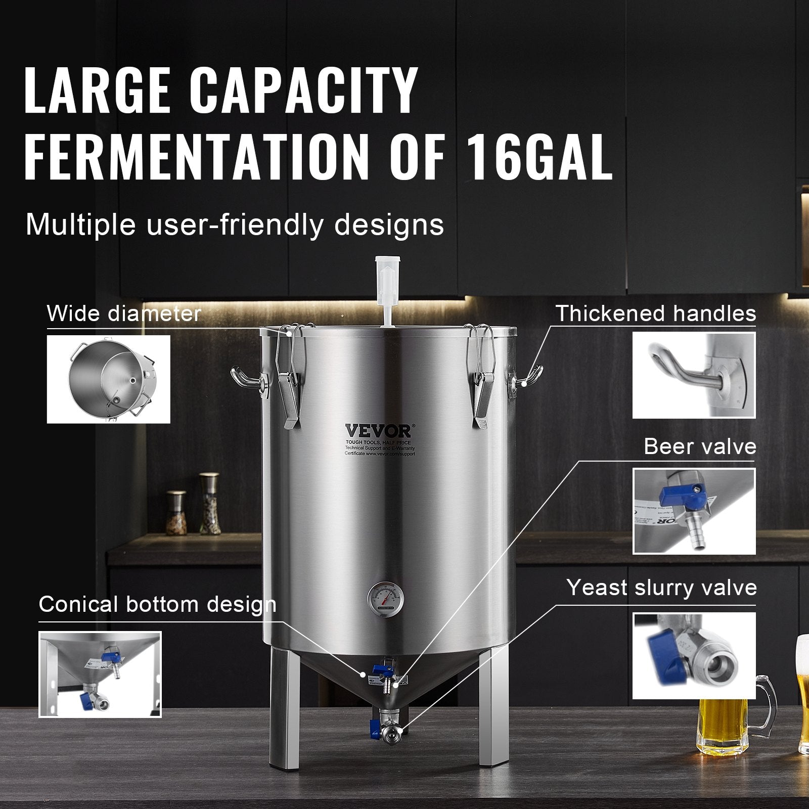 16 Gallon 304 Stainless Steel Beer Brew Fermentor Kettle with Lid Valve Spigot