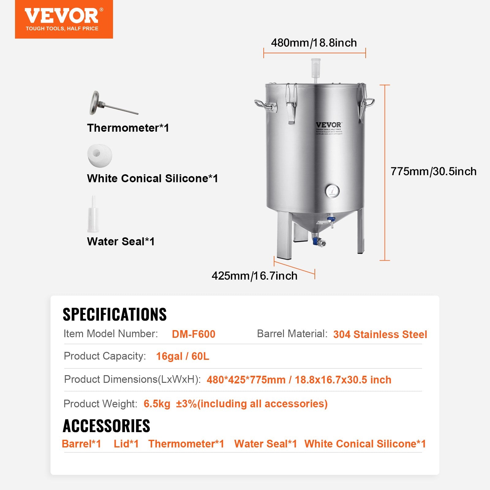 16 Gallon 304 Stainless Steel Beer Brew Fermentor Kettle with Lid Valve Spigot