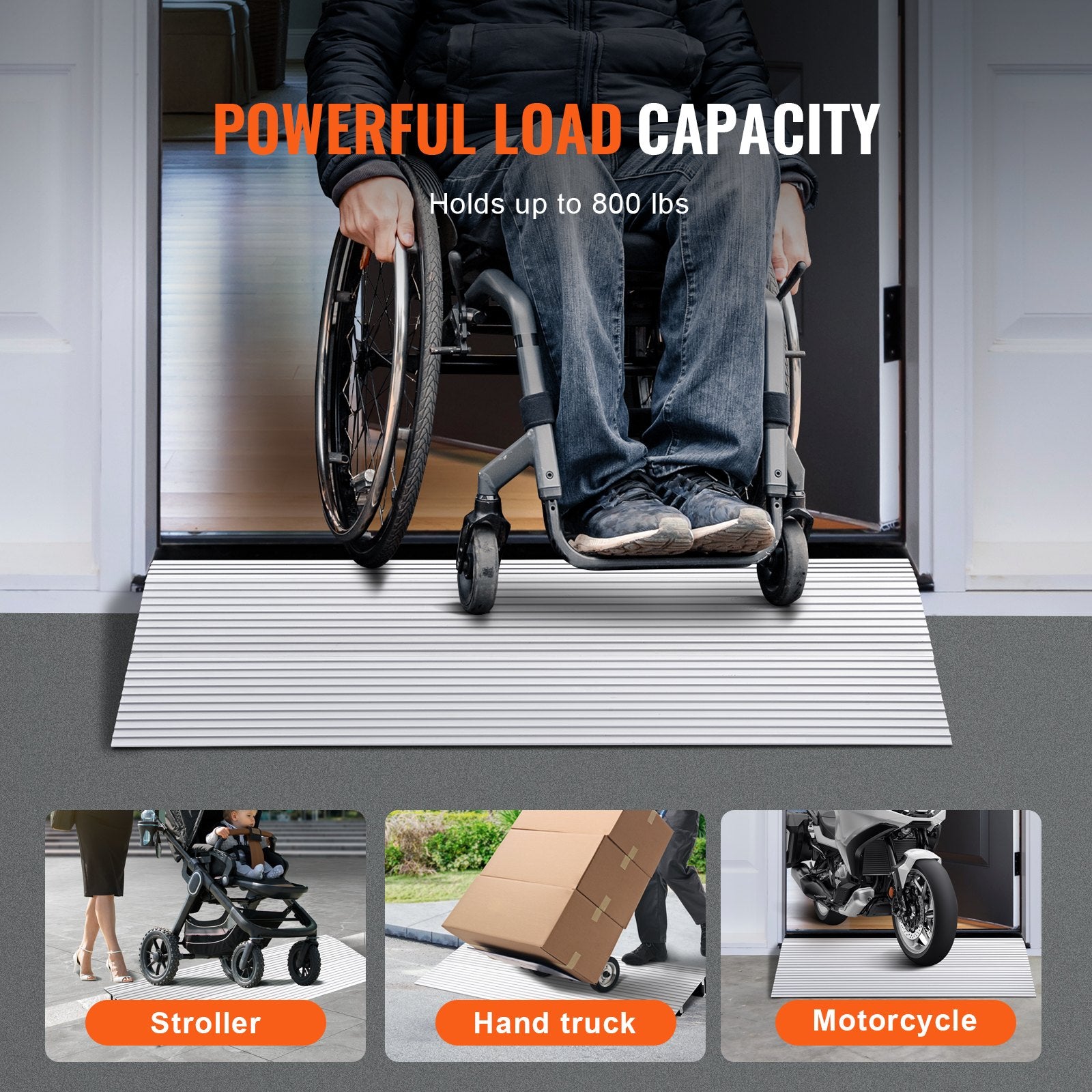 2" Rise Aluminum Door Threshold Ramp 800lb Capacity for Wheelchairs