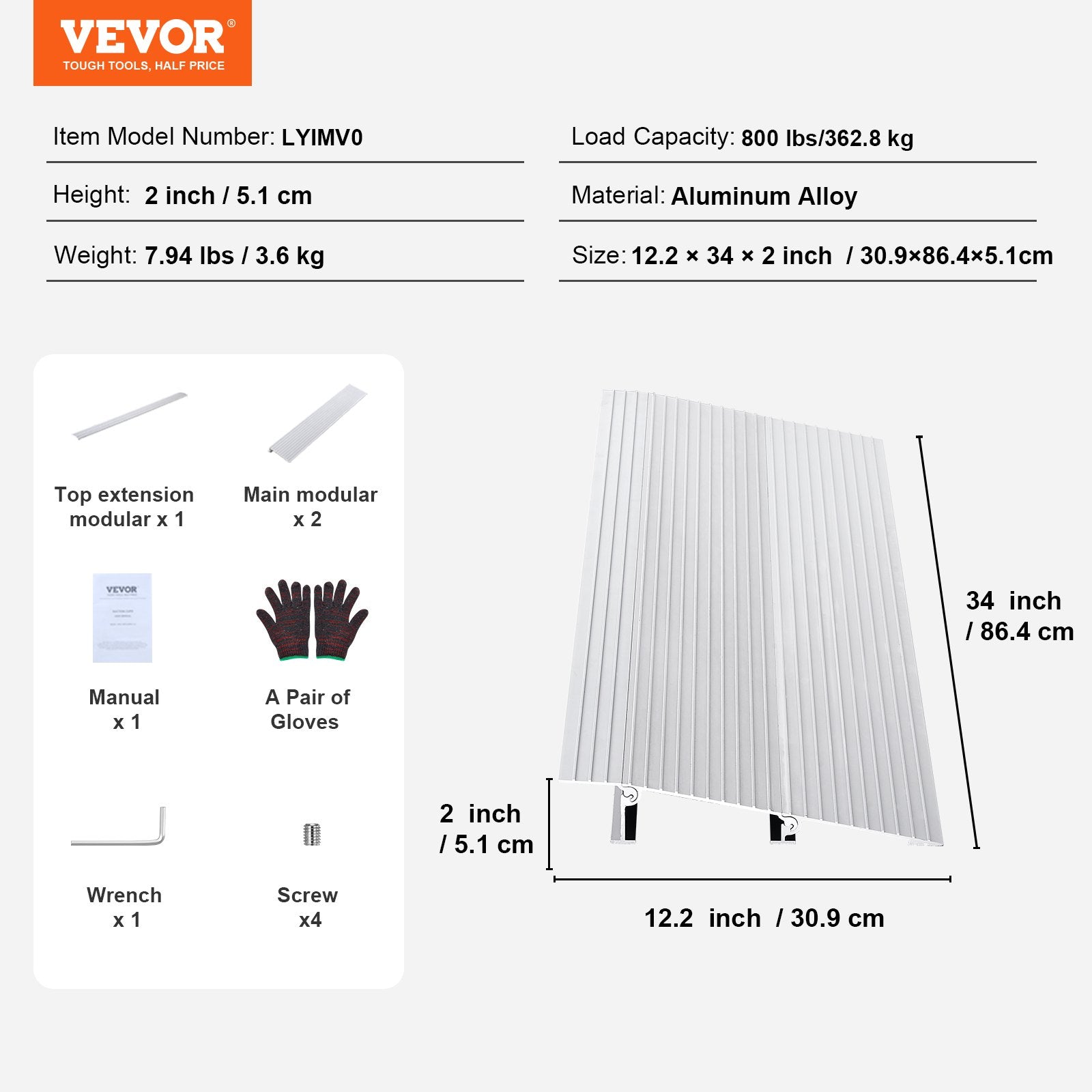2" Rise Aluminum Door Threshold Ramp 800lb Capacity for Wheelchairs