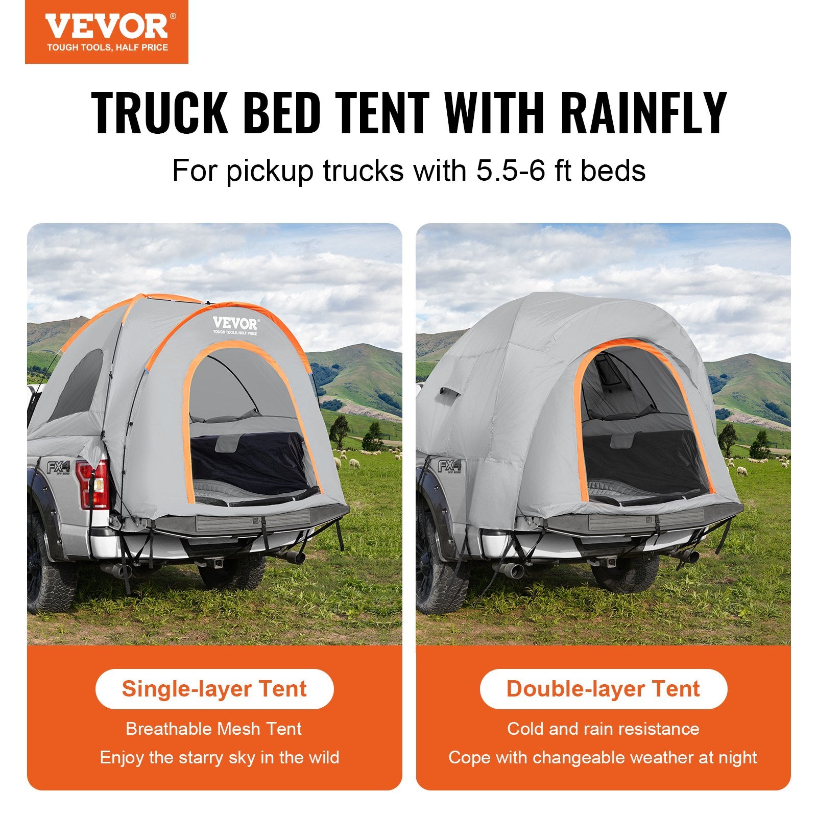 Truck Bed Tent 5.5'-6' Pickup Waterproof PU2000mm Double Layer for 2-3 Person