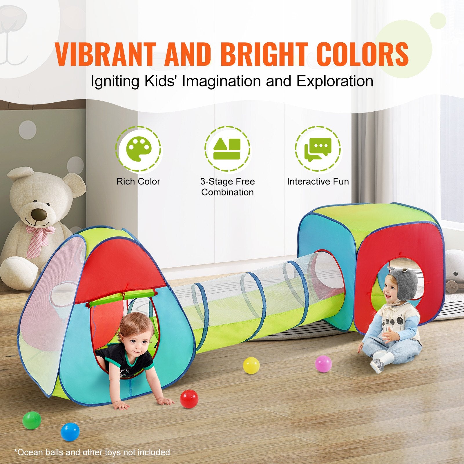 3-in-1 Kids Play Tent with Tunnel Indoor/Outdoor Pop Up Playhouse Multicolor