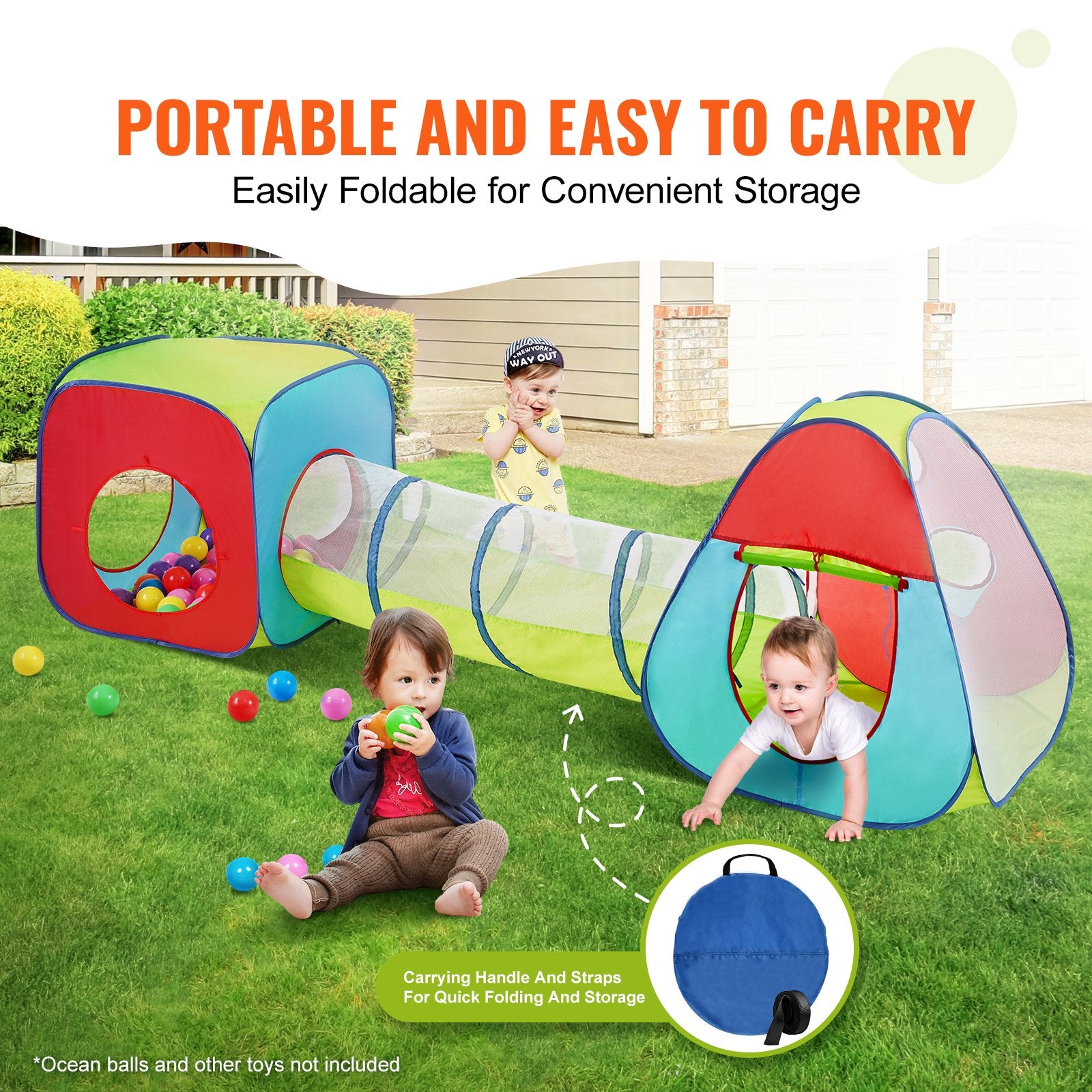 3-in-1 Kids Play Tent with Tunnel Indoor/Outdoor Pop Up Playhouse Multicolor