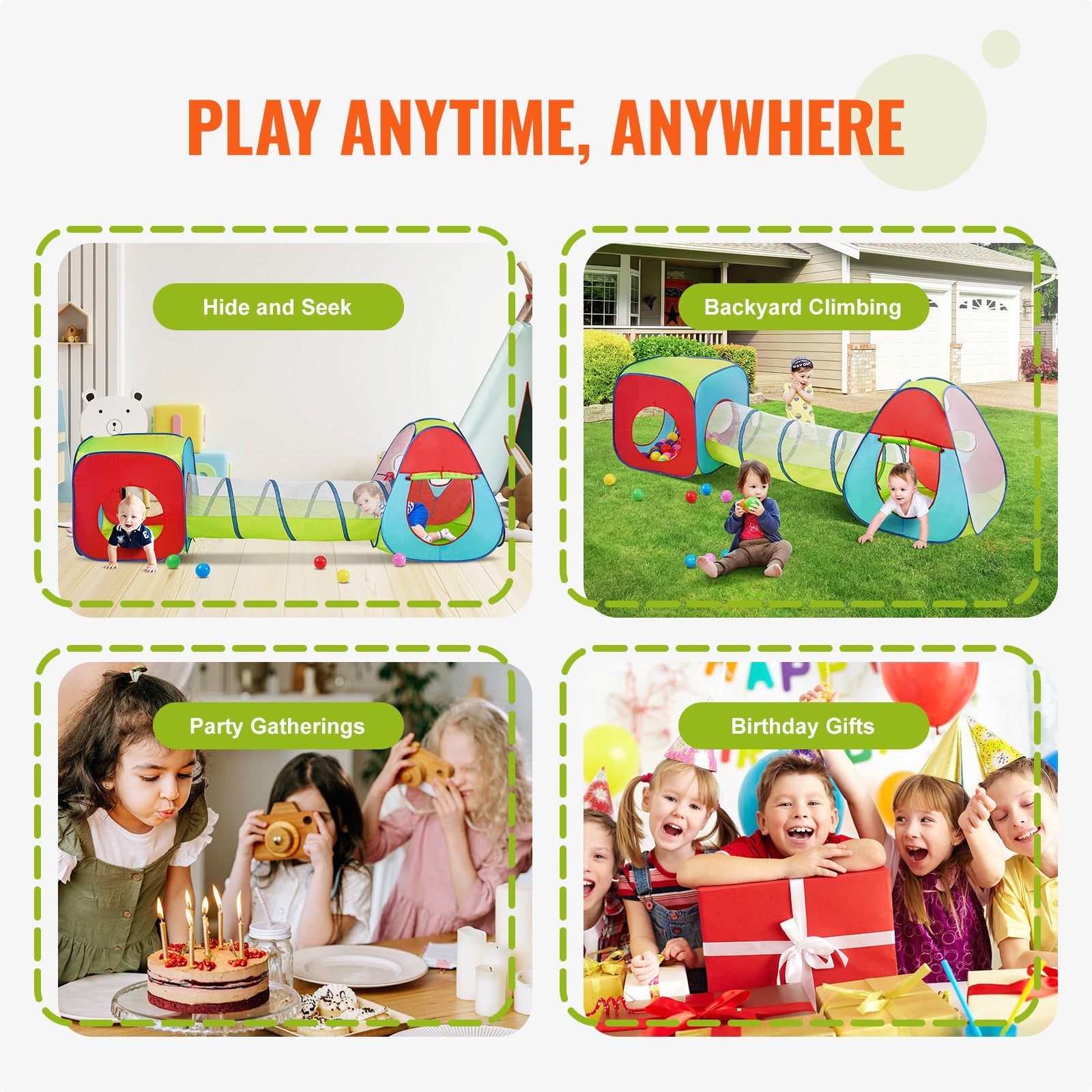 3-in-1 Kids Play Tent with Tunnel Indoor/Outdoor Pop Up Playhouse Multicolor