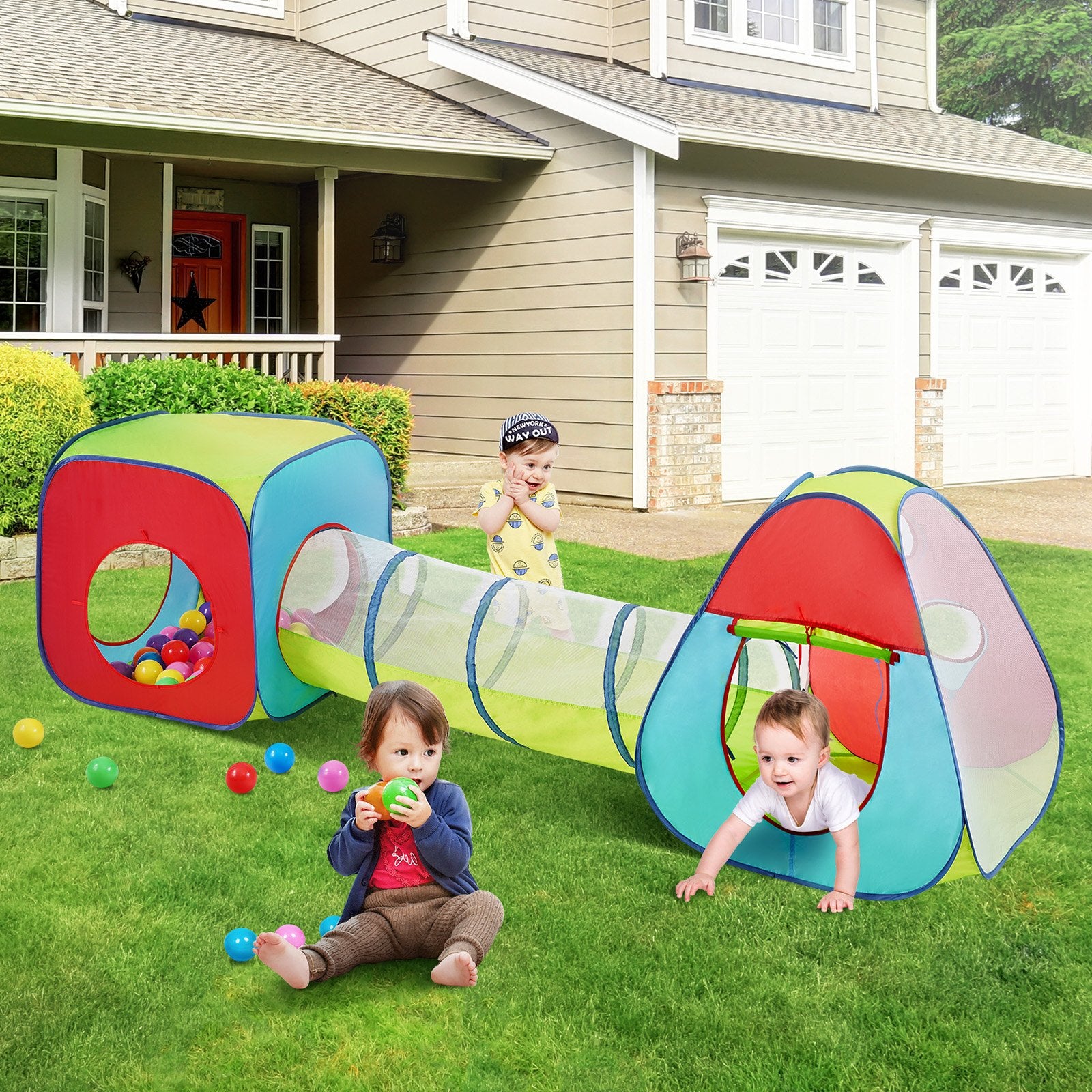 3-in-1 Kids Play Tent with Tunnel Indoor/Outdoor Pop Up Playhouse Multicolor