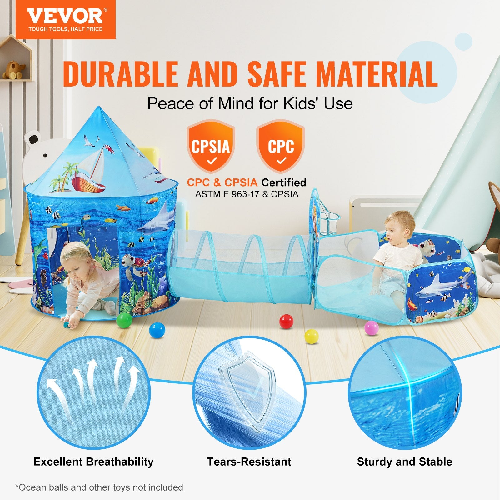 3 in 1 Kids Play Tent with Tunnel and Basketball Hoop Indoor/Outdoor Blue Ocean