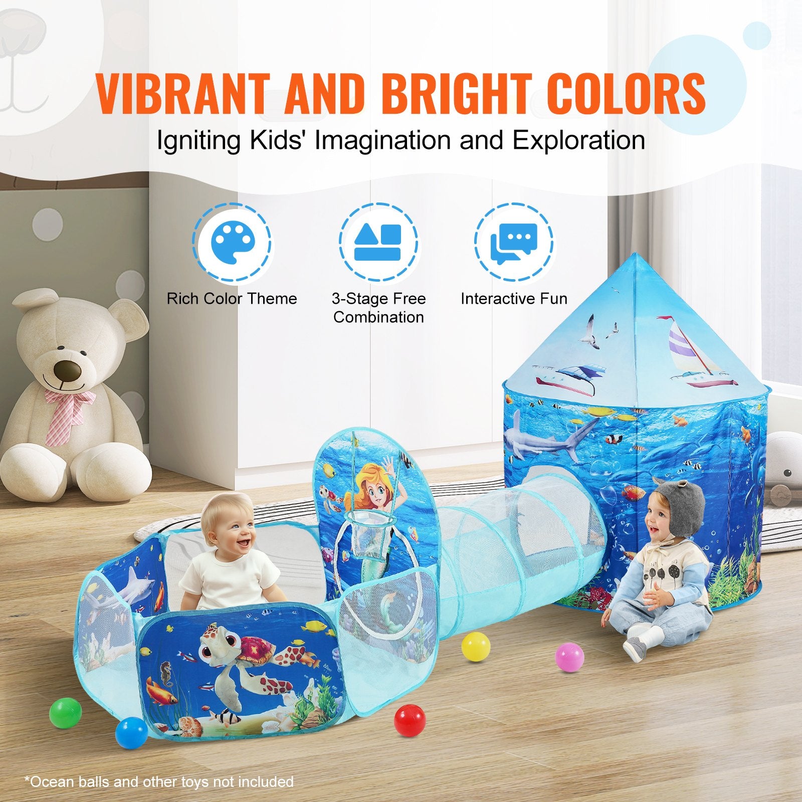 3 in 1 Kids Play Tent with Tunnel and Basketball Hoop Indoor/Outdoor Blue Ocean