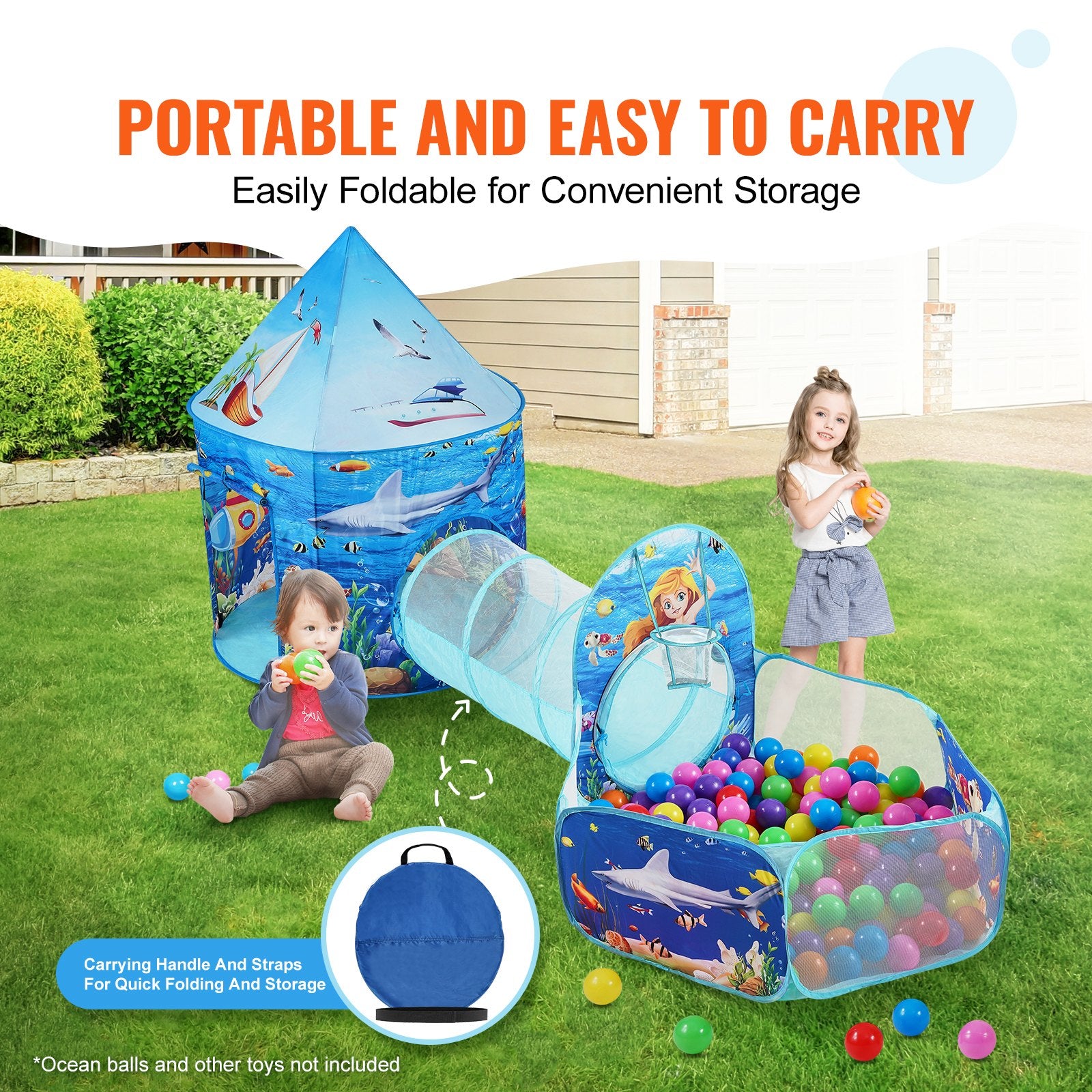 3 in 1 Kids Play Tent with Tunnel and Basketball Hoop Indoor/Outdoor Blue Ocean