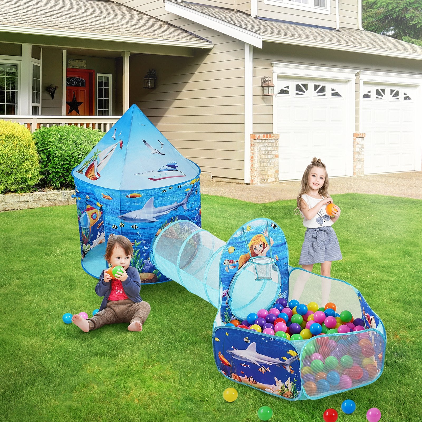 3 in 1 Kids Play Tent with Tunnel and Basketball Hoop Indoor/Outdoor Blue Ocean