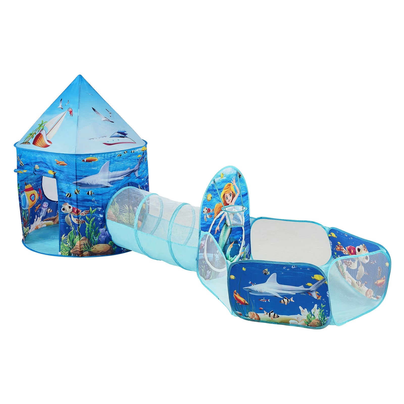 3 in 1 Kids Play Tent with Tunnel and Basketball Hoop Indoor/Outdoor Blue Ocean