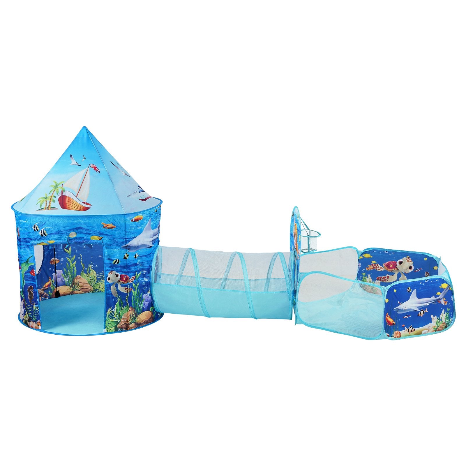3 in 1 Kids Play Tent with Tunnel and Basketball Hoop Indoor/Outdoor Blue Ocean