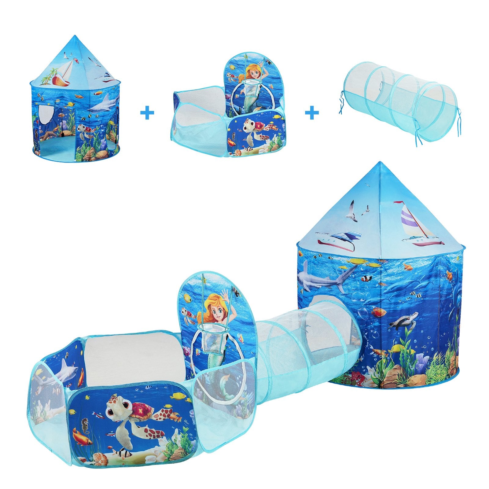 3 in 1 Kids Play Tent with Tunnel and Basketball Hoop Indoor/Outdoor Blue Ocean