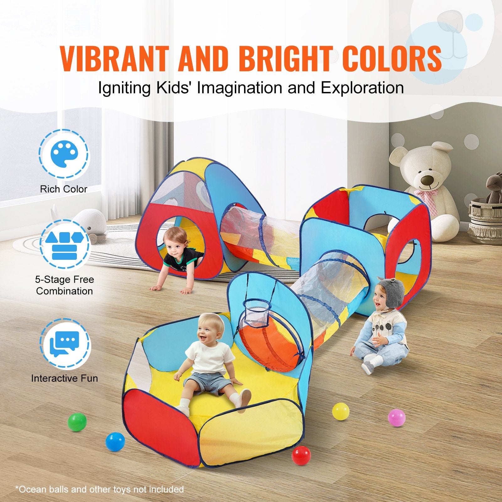 5-in-1 Kids Play Tent with Tunnel & Basketball Hoop Pop Up Playhouse