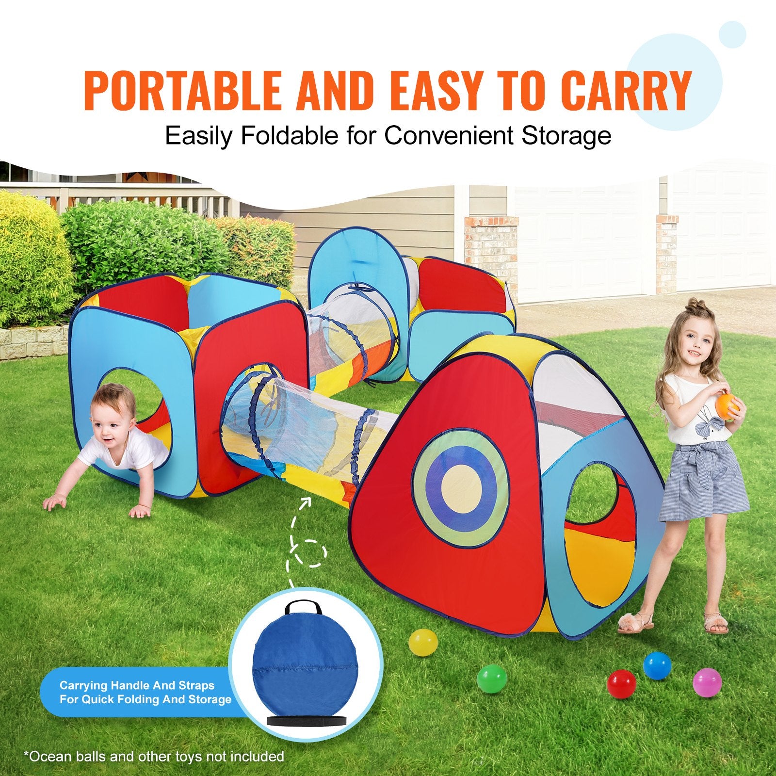 5-in-1 Kids Play Tent with Tunnel & Basketball Hoop Pop Up Playhouse