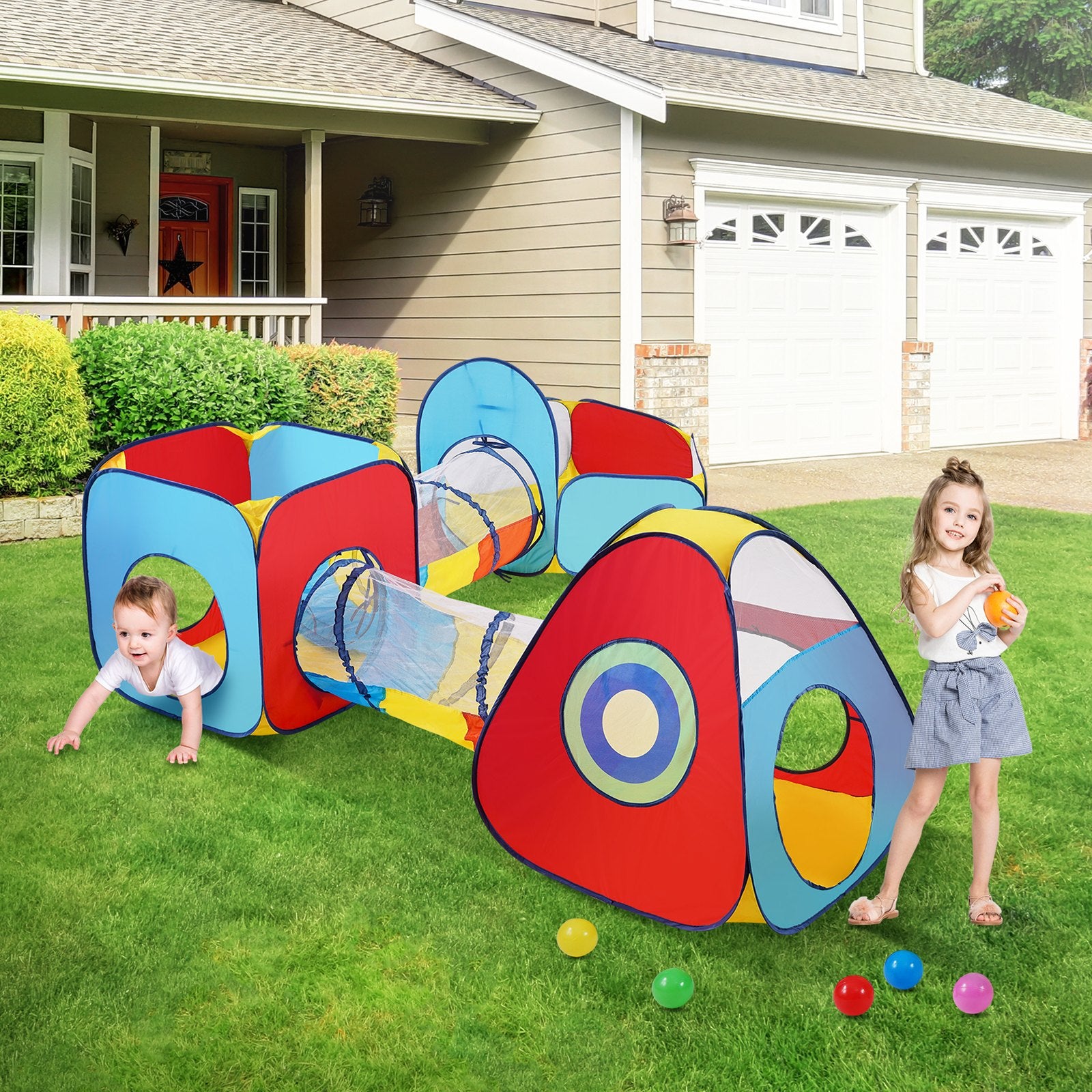5-in-1 Kids Play Tent with Tunnel & Basketball Hoop Pop Up Playhouse