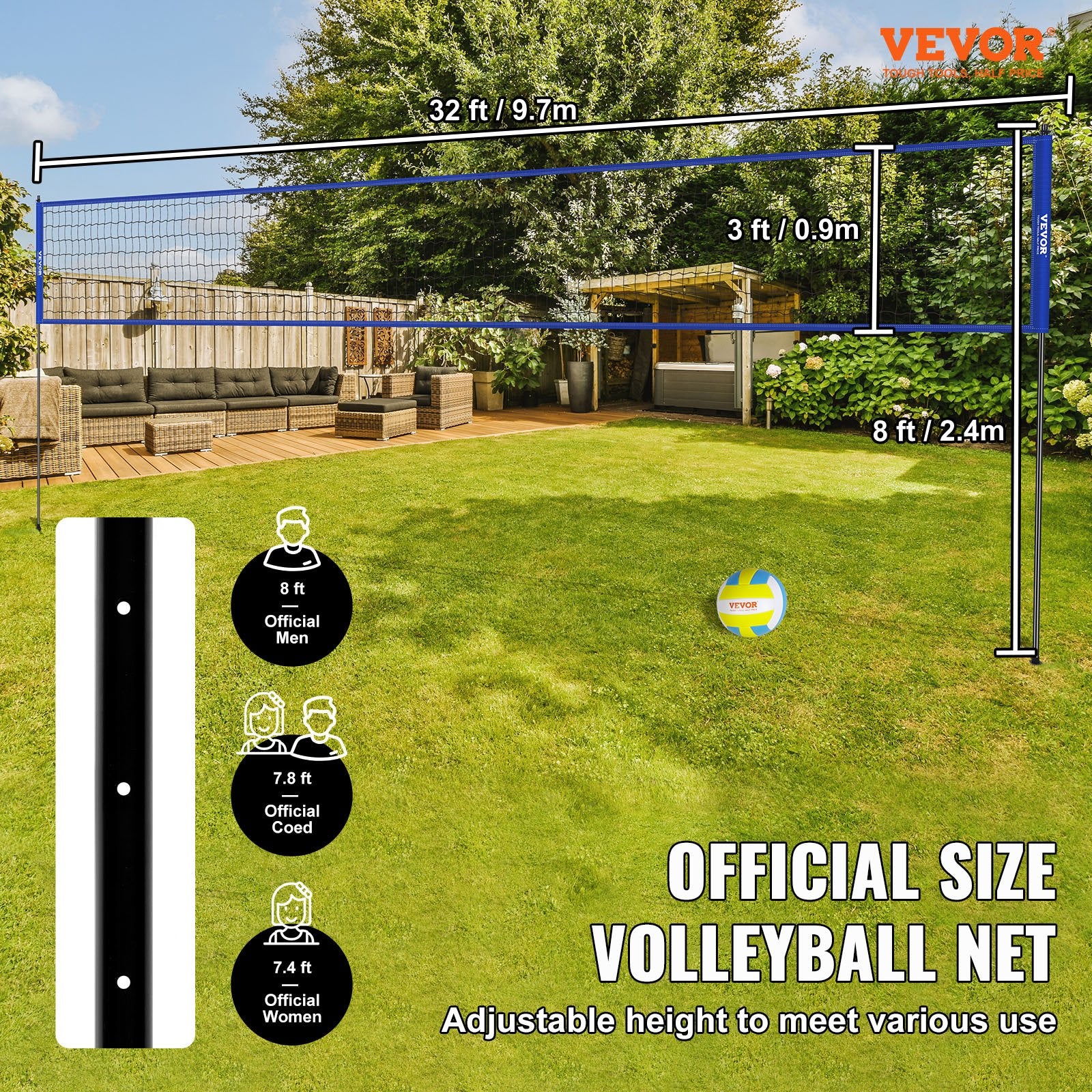 Outdoor Portable Volleyball Net Adjustable Steel Poles with PVC Ball and Bag