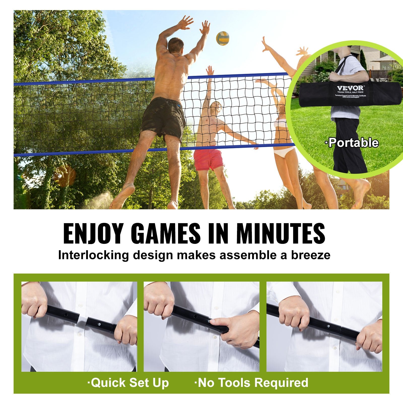 Outdoor Portable Volleyball Net Adjustable Steel Poles with PVC Ball and Bag
