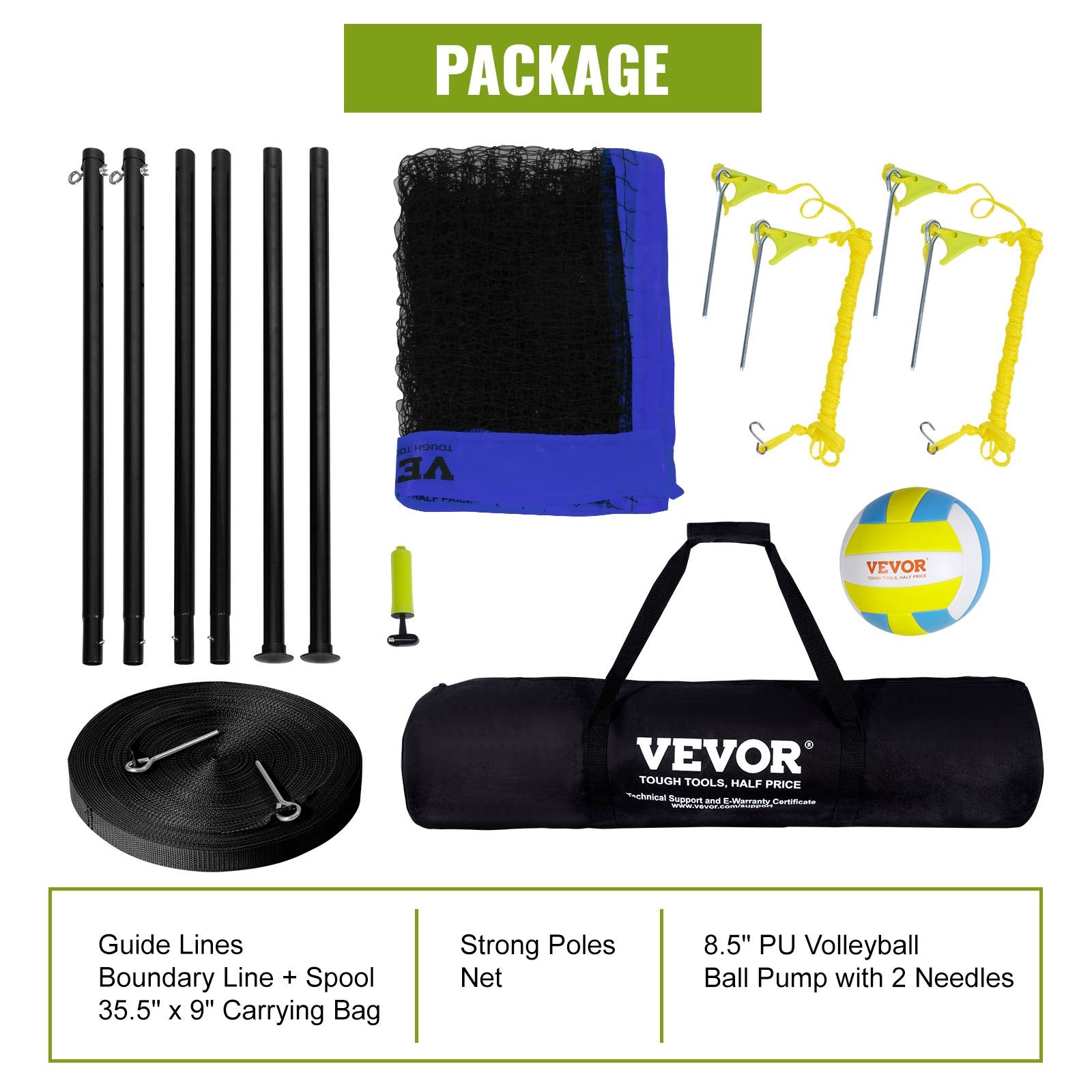 Outdoor Portable Volleyball Net Adjustable Steel Poles with PVC Ball and Bag