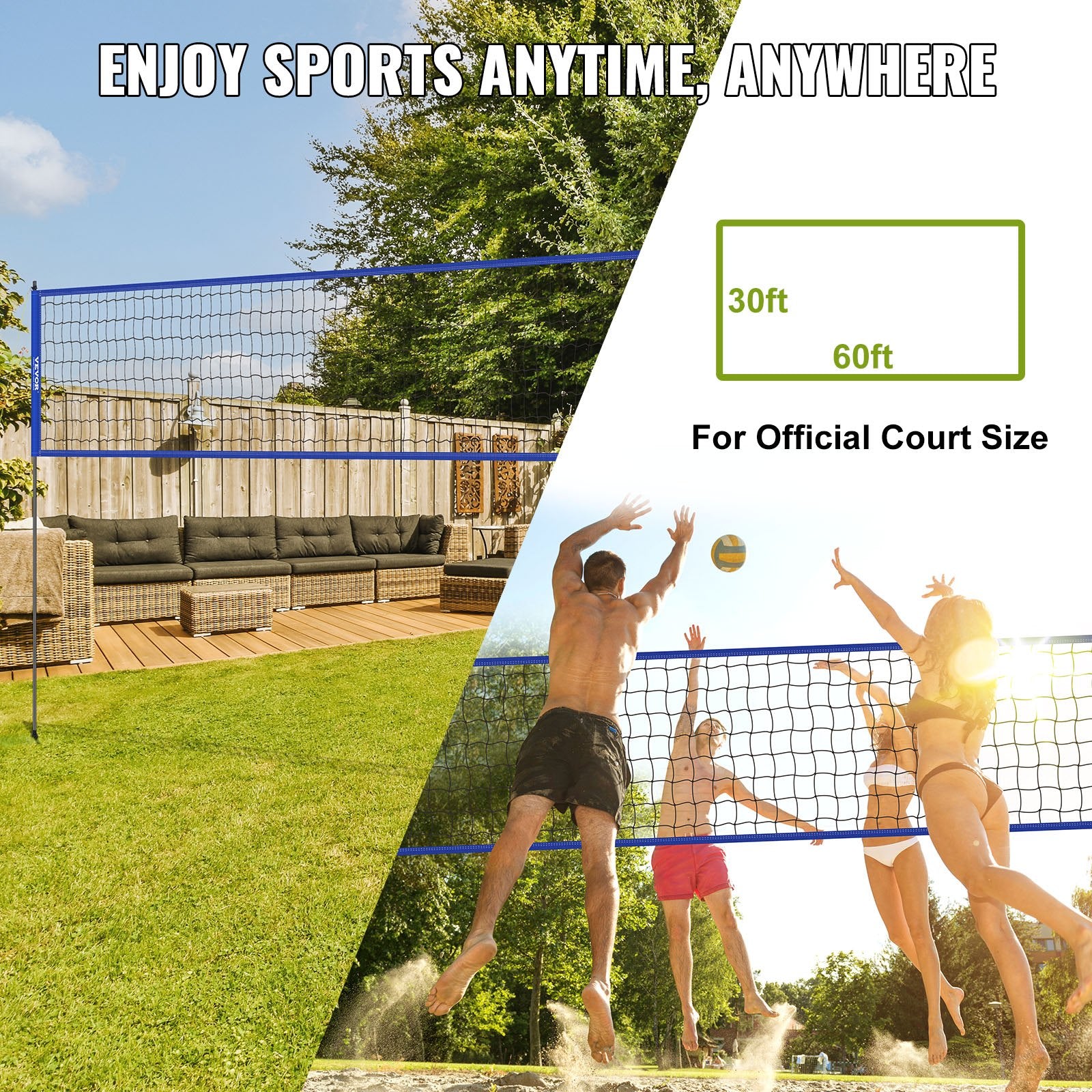 Outdoor Portable Volleyball Net Adjustable Steel Poles with PVC Ball and Bag