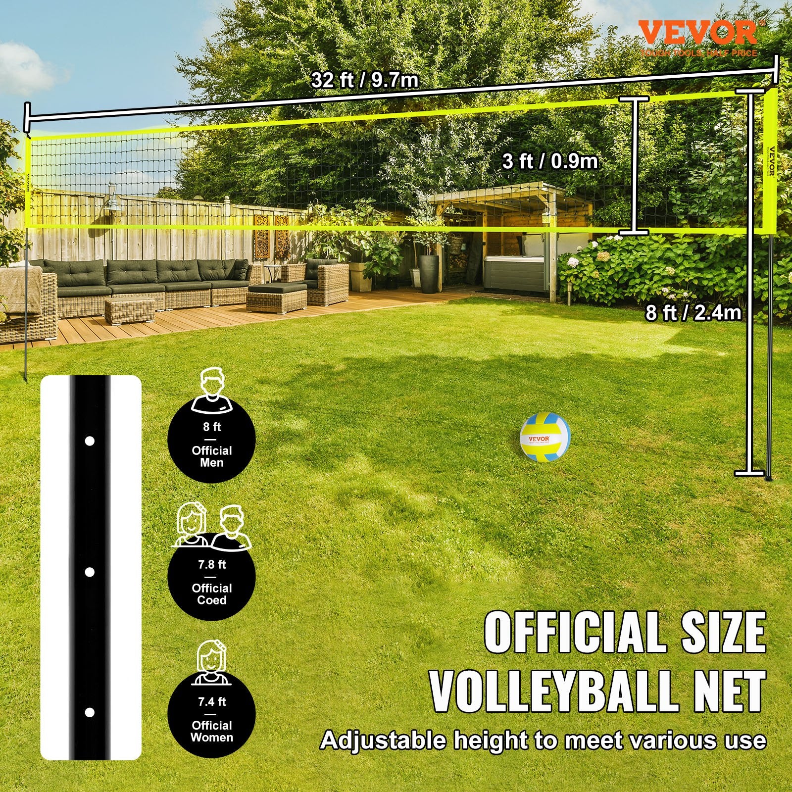Outdoor Portable Volleyball Net Set Adjustable Steel Poles with PVC Ball & Pump