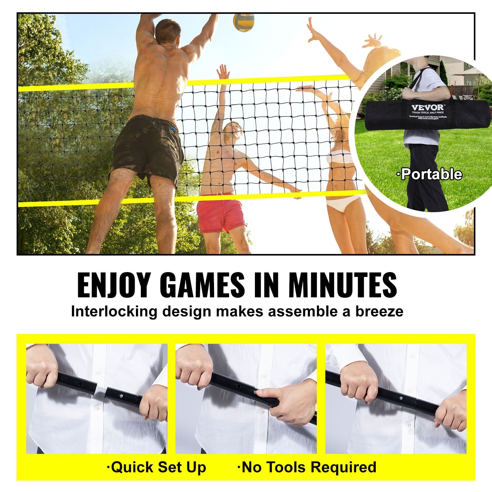 Outdoor Portable Volleyball Net Set Adjustable Steel Poles with PVC Ball & Pump