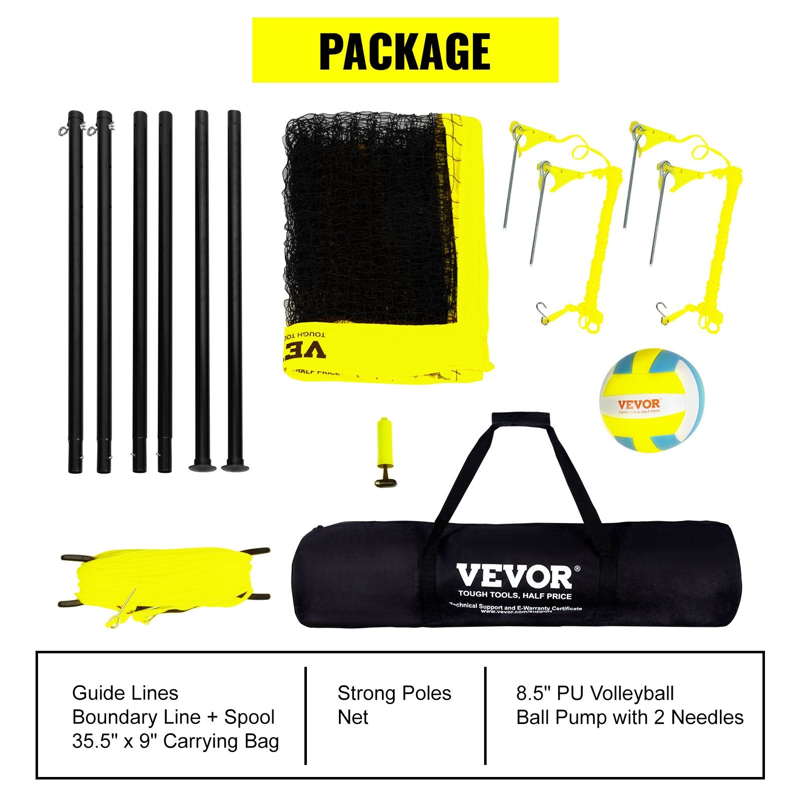 Outdoor Portable Volleyball Net Set Adjustable Steel Poles with PVC Ball & Pump