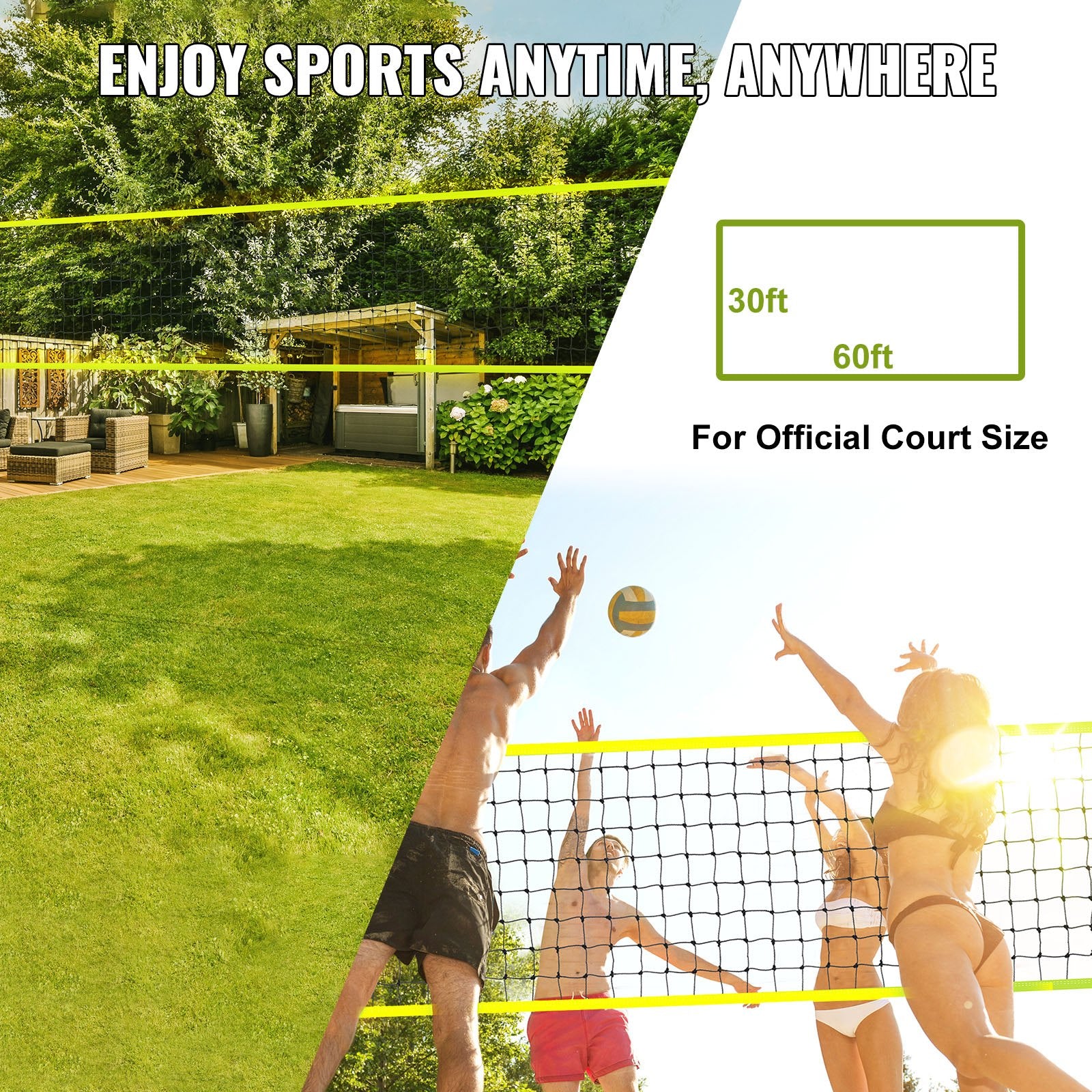 Outdoor Portable Volleyball Net Set Adjustable Steel Poles with PVC Ball & Pump