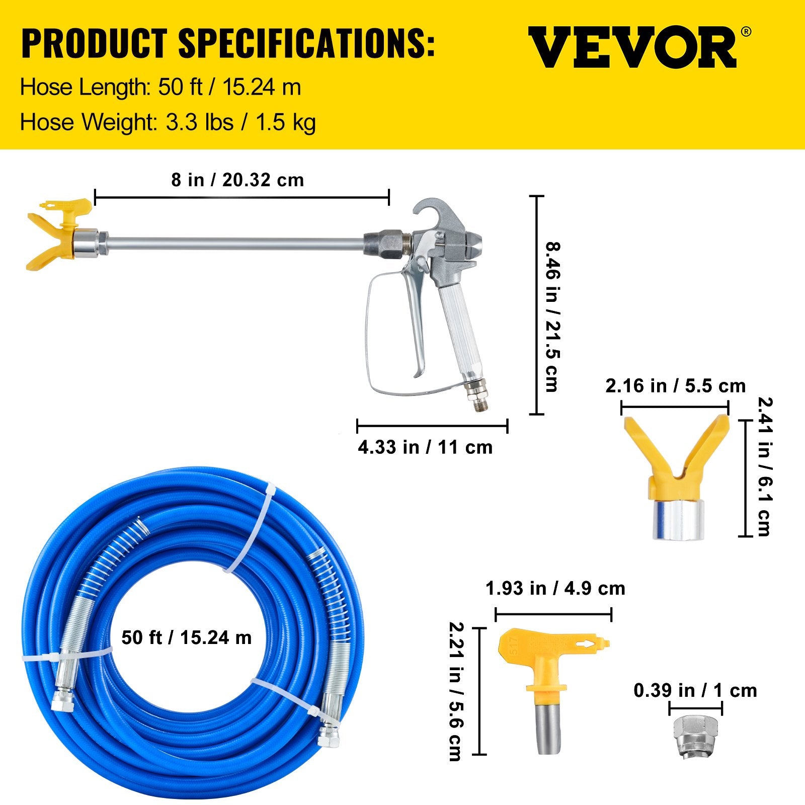 Airless Paint Spray Hose Kit 50ft 3600psi High Pressure with 8 Inch Extension