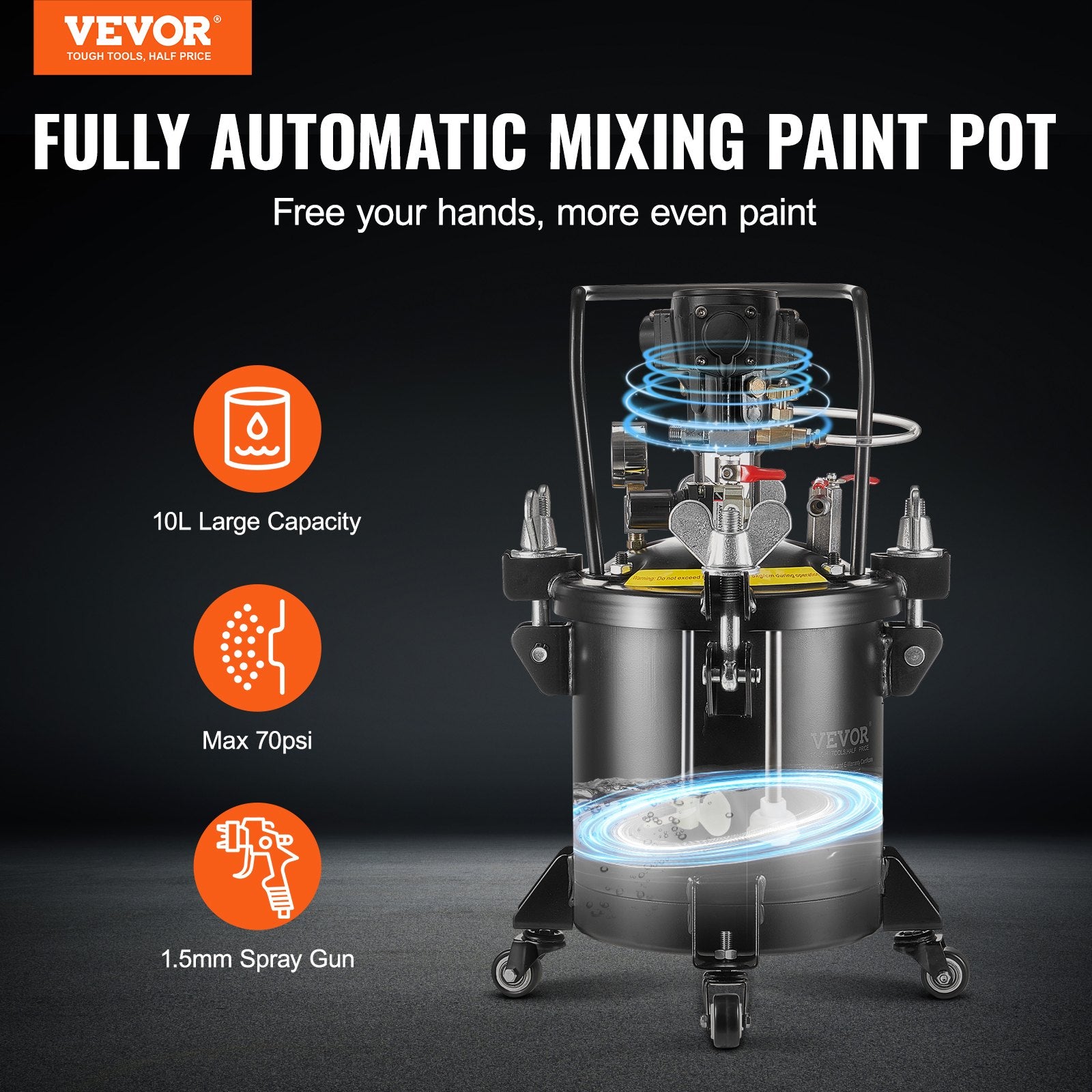 Spray Paint Pressure Pot 10L Fully Automatic Stirring 70psi with Gun and Hoses