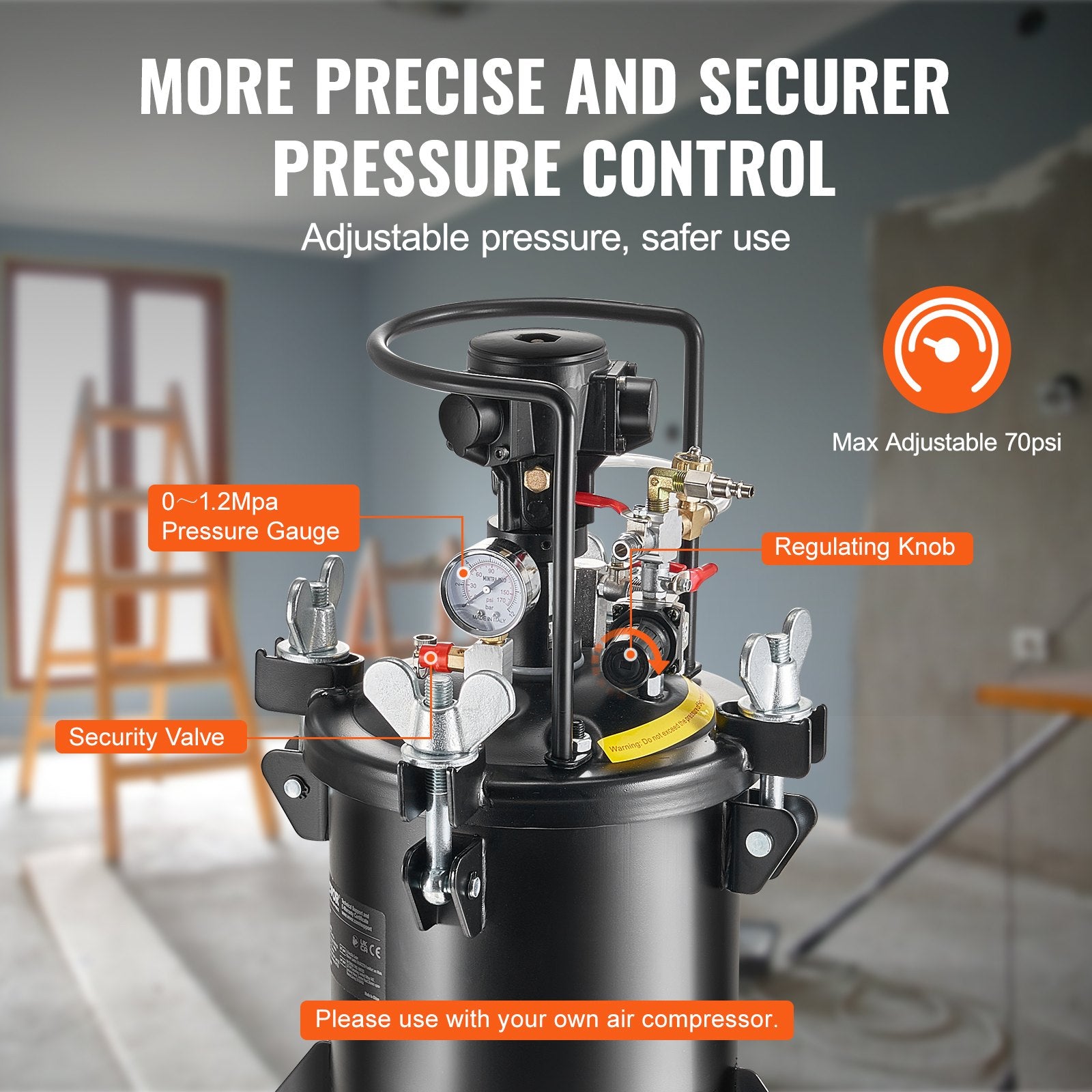 Spray Paint Pressure Pot 10L Fully Automatic Stirring 70psi with Gun and Hoses