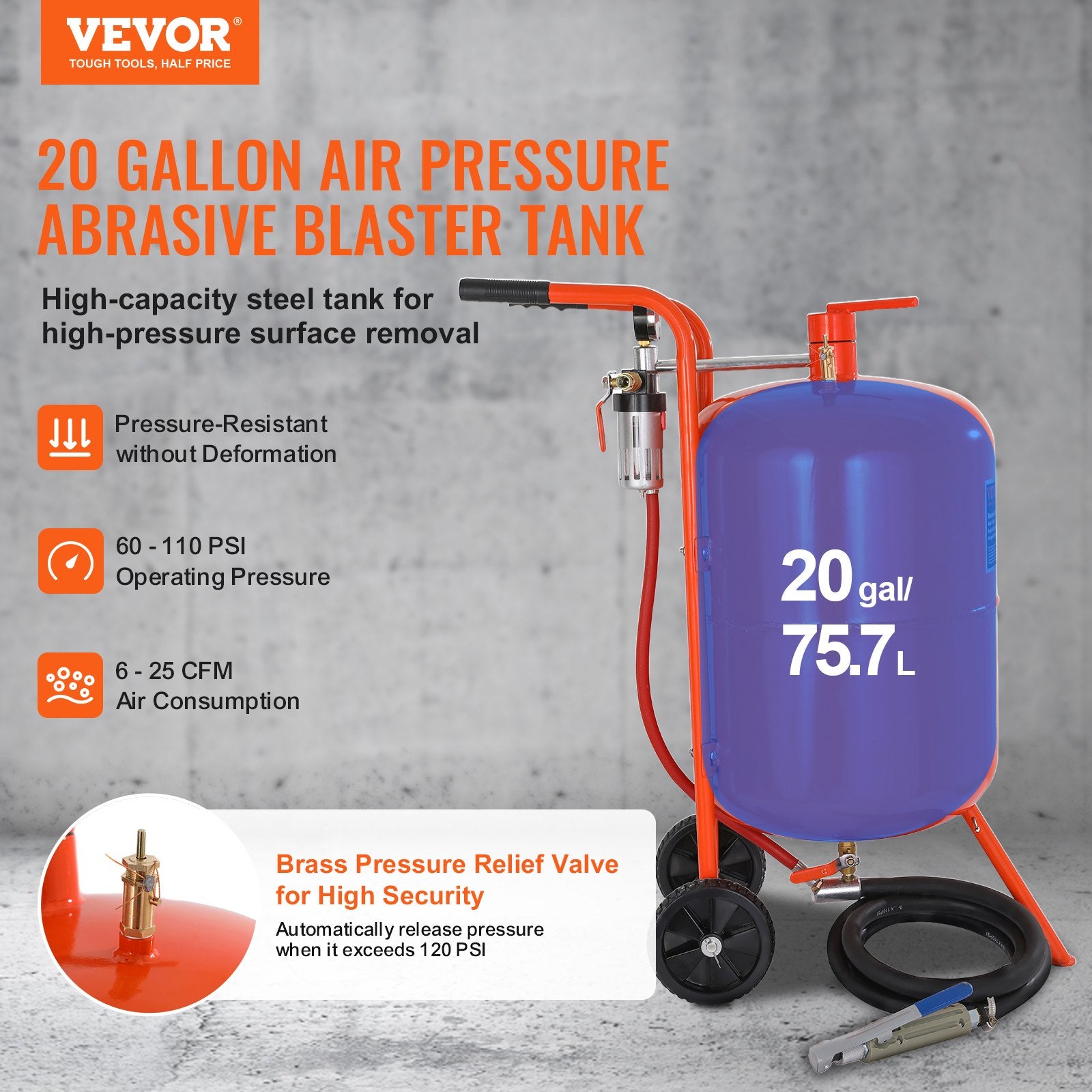 20 Gallon Sand Blaster 60-110 PSI Portable Abrasive Tank with 4 Nozzles
