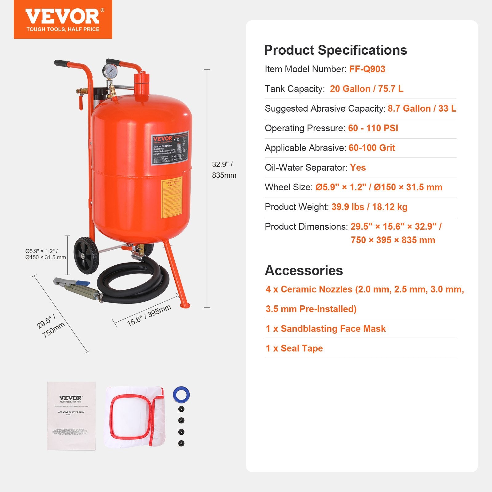 20 Gallon Sand Blaster 60-110 PSI Portable Abrasive Tank with 4 Nozzles