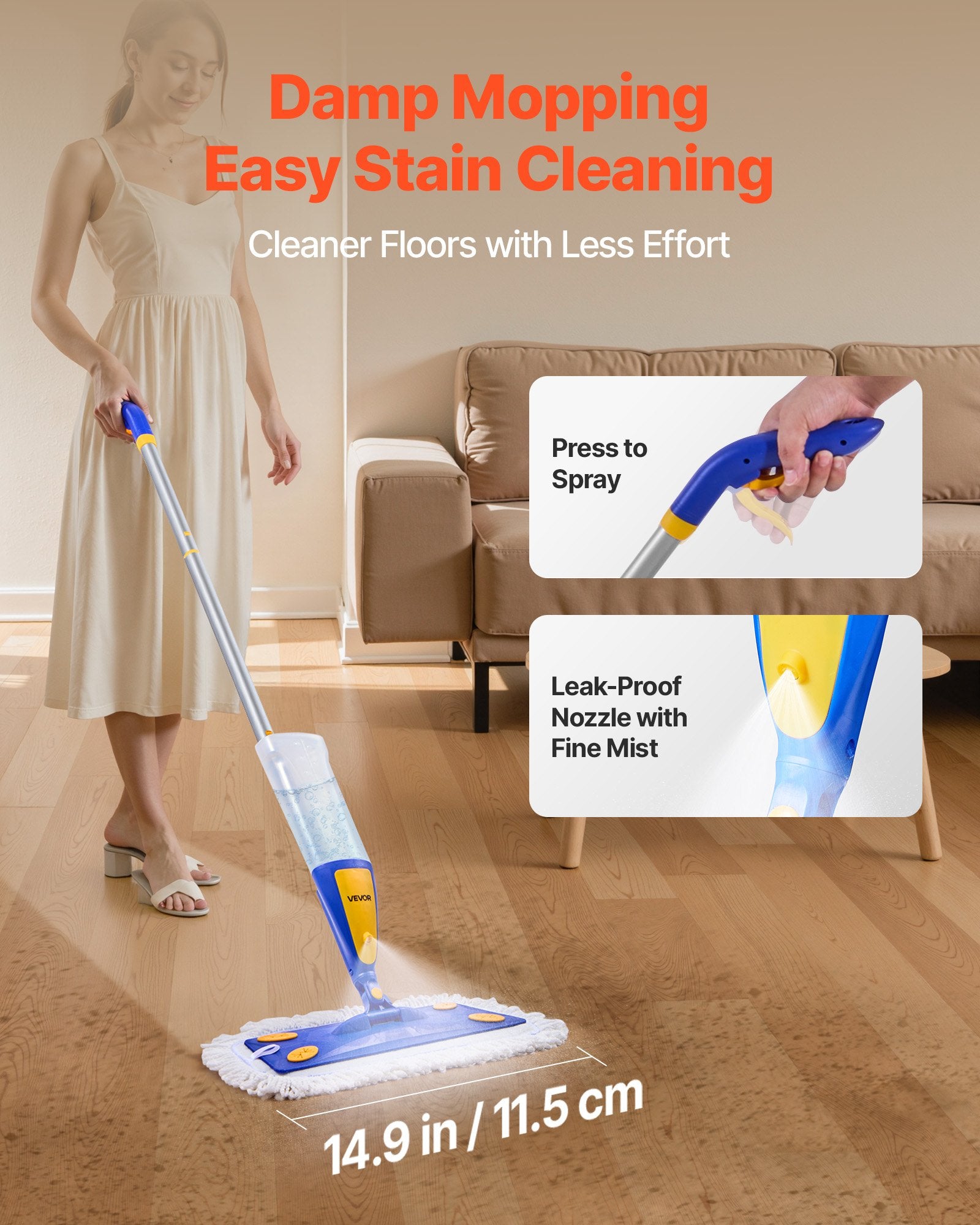 Spray Mop 3 Washable Pads 800ml Tank Microfiber Wet Cotton Dry Mop for Floors